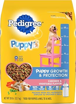 Pedigree PuppyTM Growth and Protection Chicken & Vegetable Flavor Dry Dog Food. 100% Complete and Balanced, for Wellness and Whole Body Health.