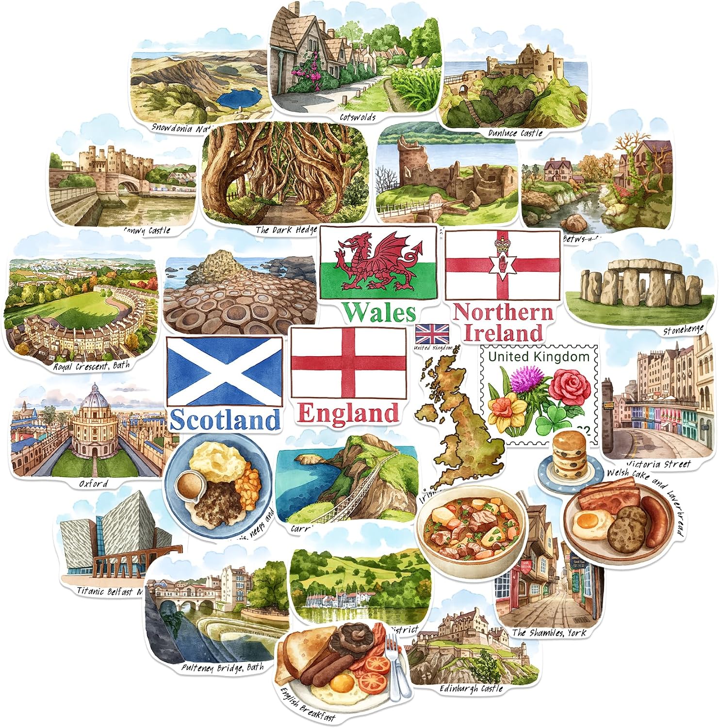 Navy Peony Countryside United Kingdom Travel Stickers (28pcs)-Hand Illustrated, England Wales UK Heritage-Themed Decals for Journals, Scrapbooks, Luggage