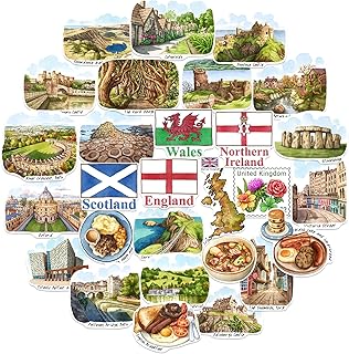 Navy Peony Countryside United Kingdom Travel Stickers (28pcs)-Hand Illustrated, England Wales UK Heritage-Themed Decals for Journals, Scrapbooks, Luggage