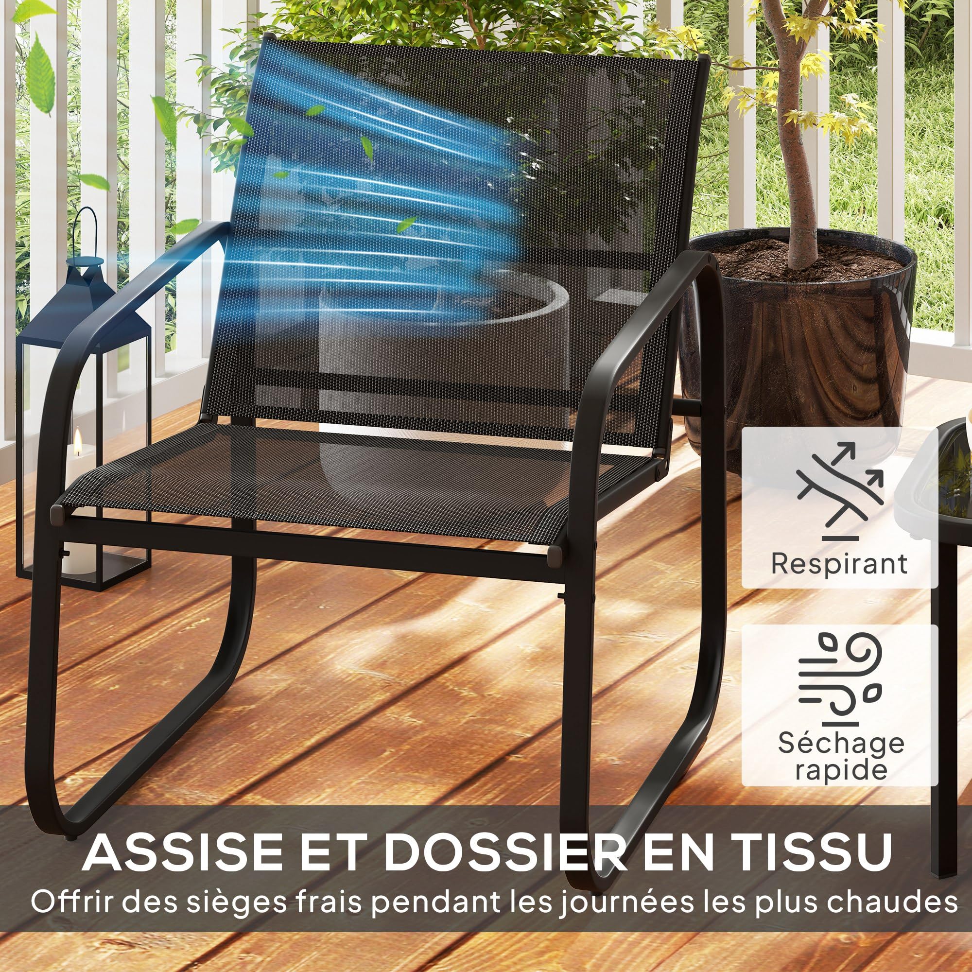 Outsunny Set bistrot da giardino 3 pezzi, set di mobili da giardino per 2 persone con 2 sedie in rete e tavolino in vetro temperato, mobili da giardino, terrazza, balcone, veranda, nero