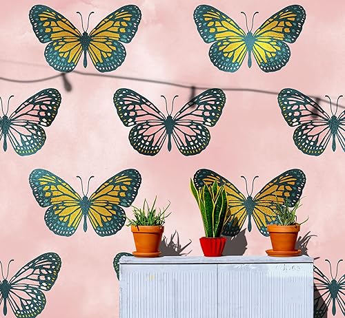 Mural de pared con patrón de mariposa grande sobre fondo rosa. Dormitorio, guardería, decoración del hogar. Papel tapiz para despegar y pegar, #6441