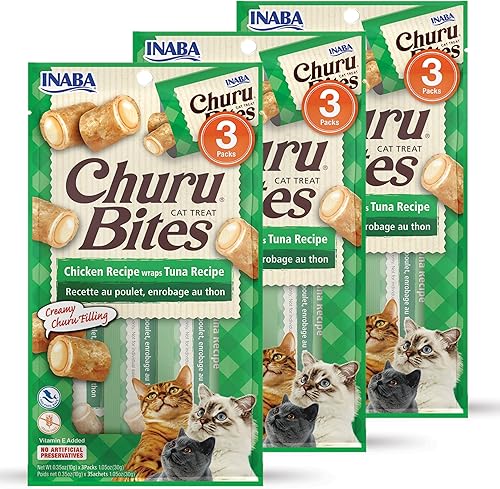 Miniatura 7 de INABA Churu Bites for Cats - Golosinas suaves para gatos rellenas de Churu de pollo horneado con extracto de té verde, 0.35 onzas cada tubo, 12