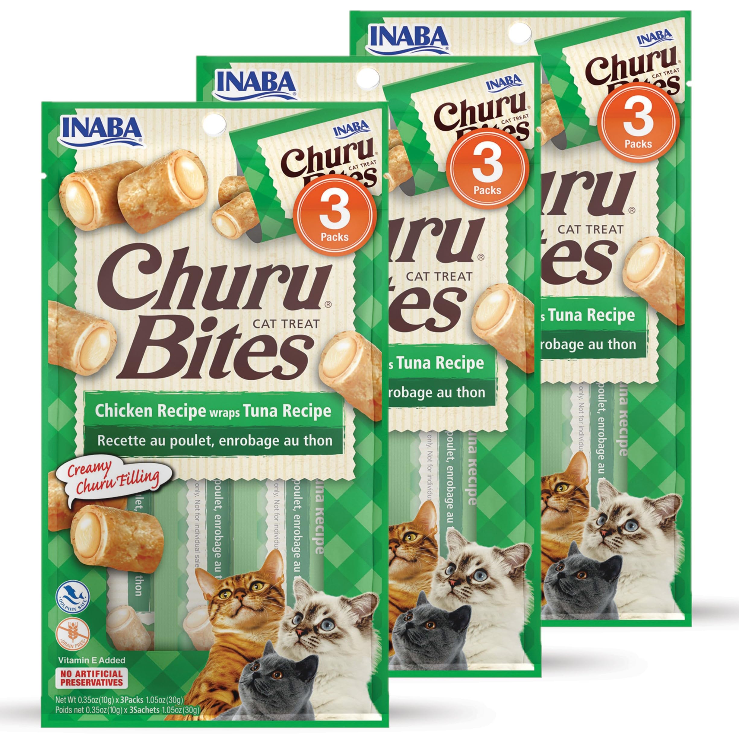 INABA Churu Bites for Cats, Soft Baked Chicken Churu Filled Cat Treats with Green Tea Extract, 0.35 Ounces Each Tube, 9 Tubes Total, Tuna Recipe