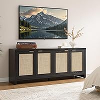 Vista 7 de SICOTAS Soporte de TV para sala de estar, centro de entretenimiento boho para dormitorio con 4 gabinetes de ratán, soporte de televisión de granja