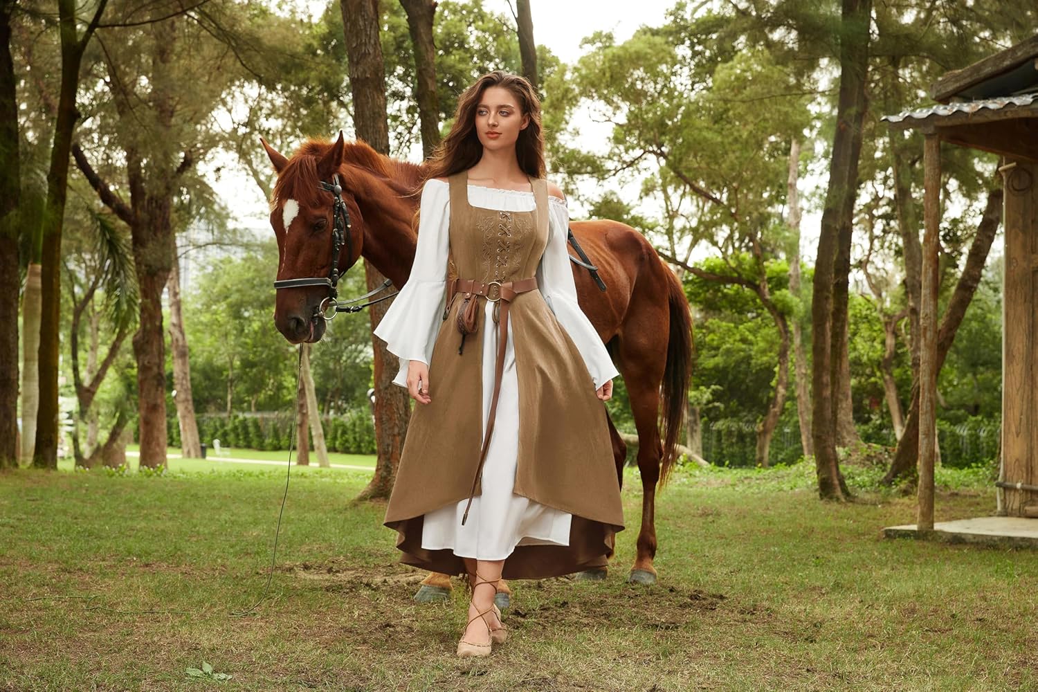 Scarlet Darkness Renaissance Dress Women Pirate Halloween Witchy Cosplay Overdress with Pockets