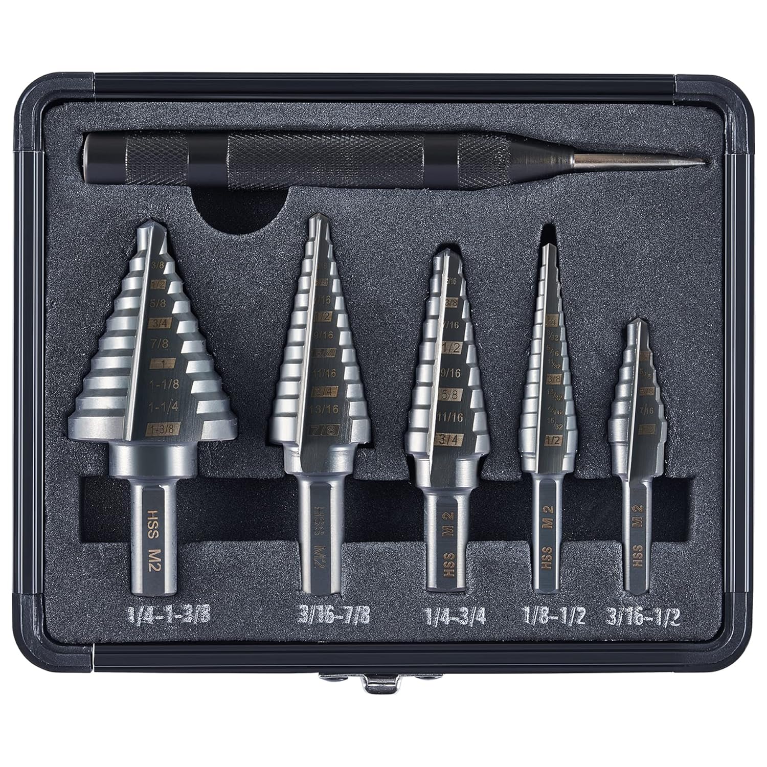 5-Piece M2 HSS Step Drill Bits Set, 1/8"-1-3/8" High-Speed Steel Unibit Kit with Storage Case, 50 Sizes Multi-Hole Precision Bits for Sheet Metal, Steel, Aluminum, Professional & Home Tool Set