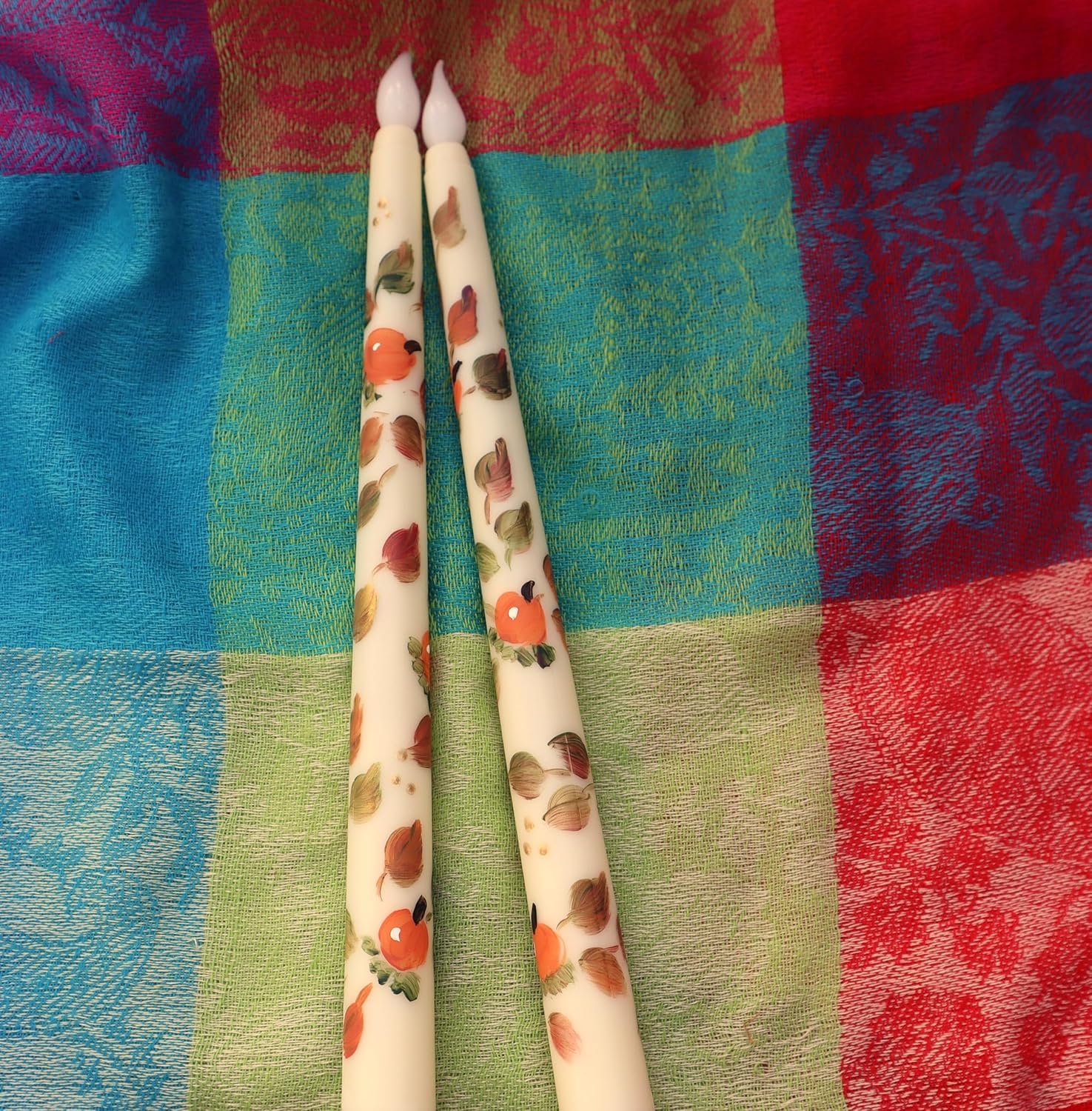 Decorative Hand Painted Pumpkins and Falling Leaves by Artist not Printed Flickering Flameless Taper Candles Battery Operated Tapered Candlesticks Halloween Fall Decor Autumn Decorations