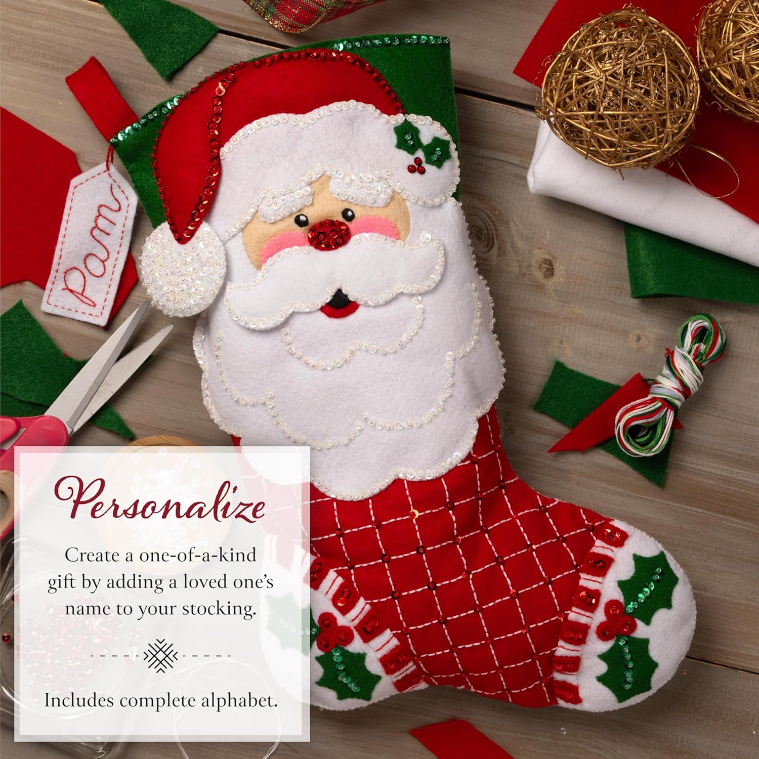 Bucilla Felt Applique 18" Stocking Making Kit, Holiday Cheer Santa, Perfect for DIY Arts and Crafts