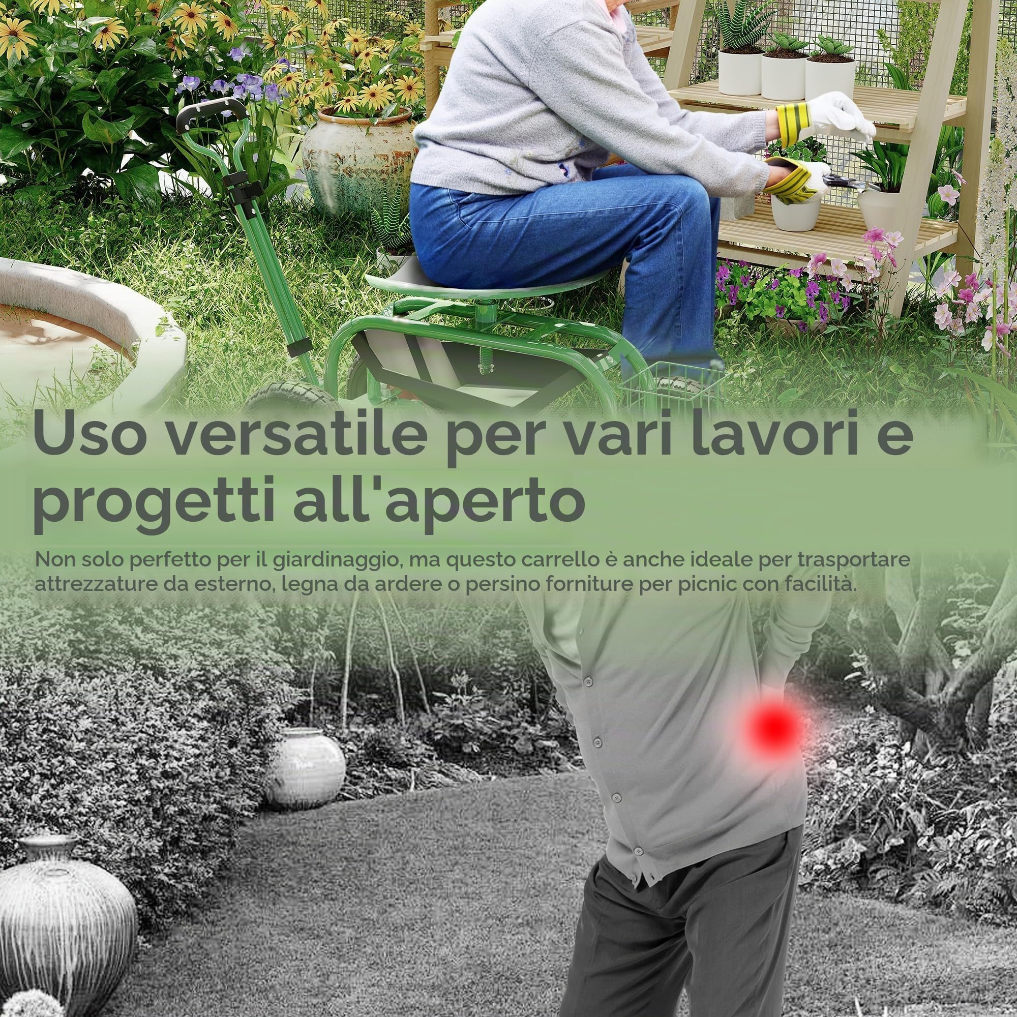 Carrello Da Giardino Con Sedile Su Ruote, Sgabello Da Giardino Con Ruote, Sgabello Da Giardinaggio Resistente Per Piantare Con Sedile Girevole a 360 Gradi, Maniglia Di Sterzo e Vassoio Portau