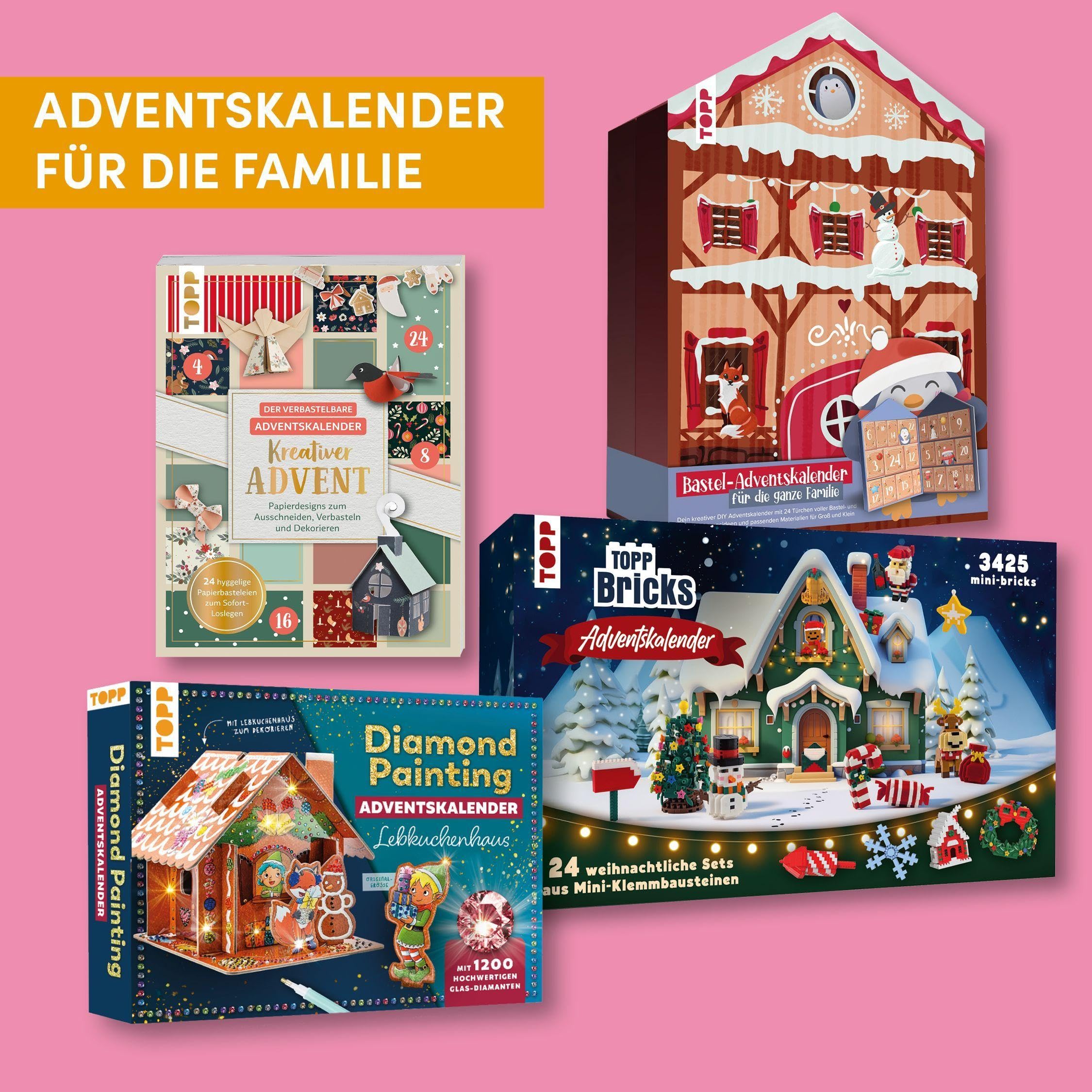 Diamond Painting Adventskalender Lebkuchenhaus. Mit Material und Werkzeug: 3D-Lebkuchenhaus, 1.200 Glas-Diamanten (19 Farben), Diamond Pen, Steinschiffchen, Wachs, Box