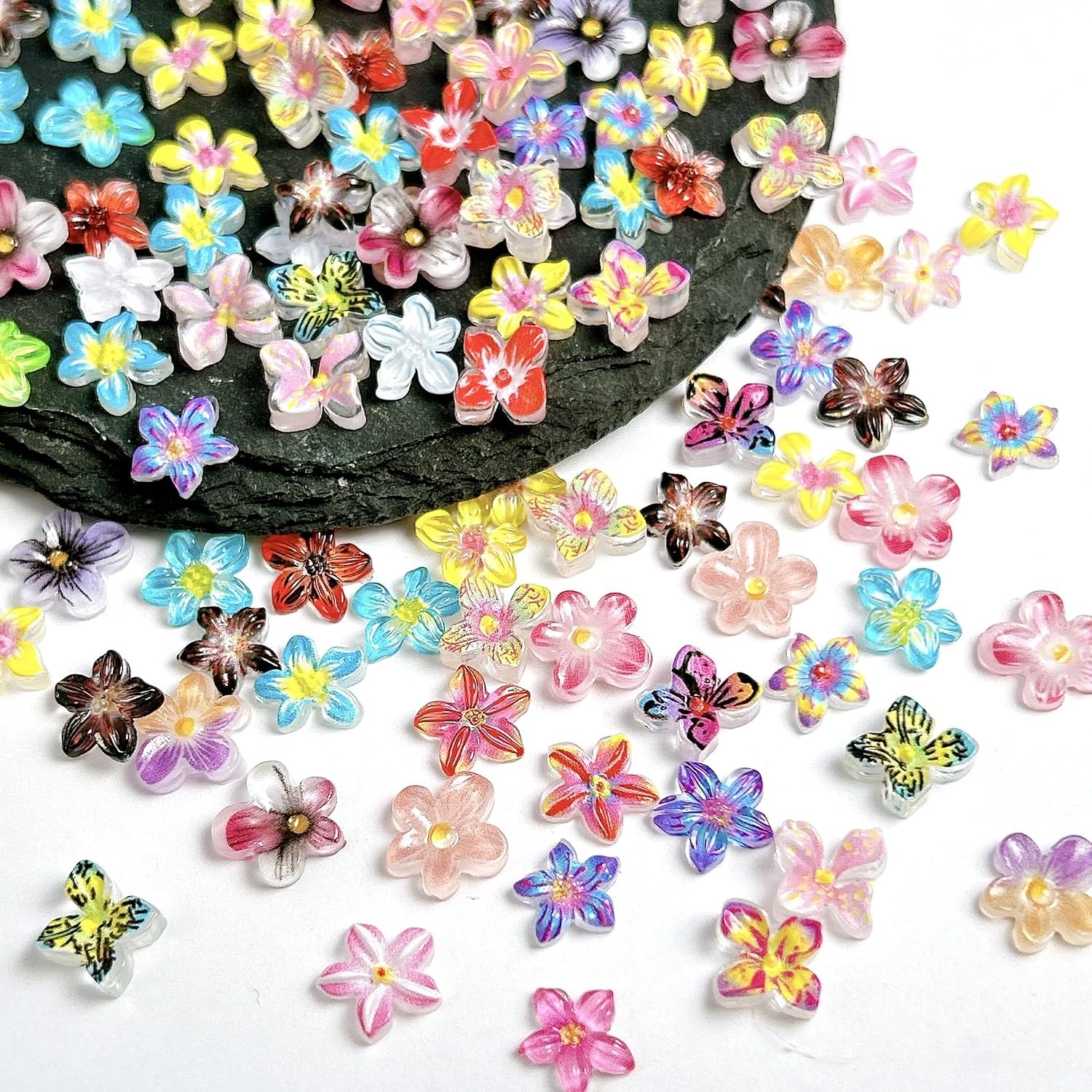120Pcs Flower Nail Charms 3D Colorful Flowers Nail Rhinestones Hibiscus Floral Charms for Acrylic Nails Spring Summer Hawaiian Flower Nails Supplies Petals Floral Nail Gems Nail Design for Women image 3