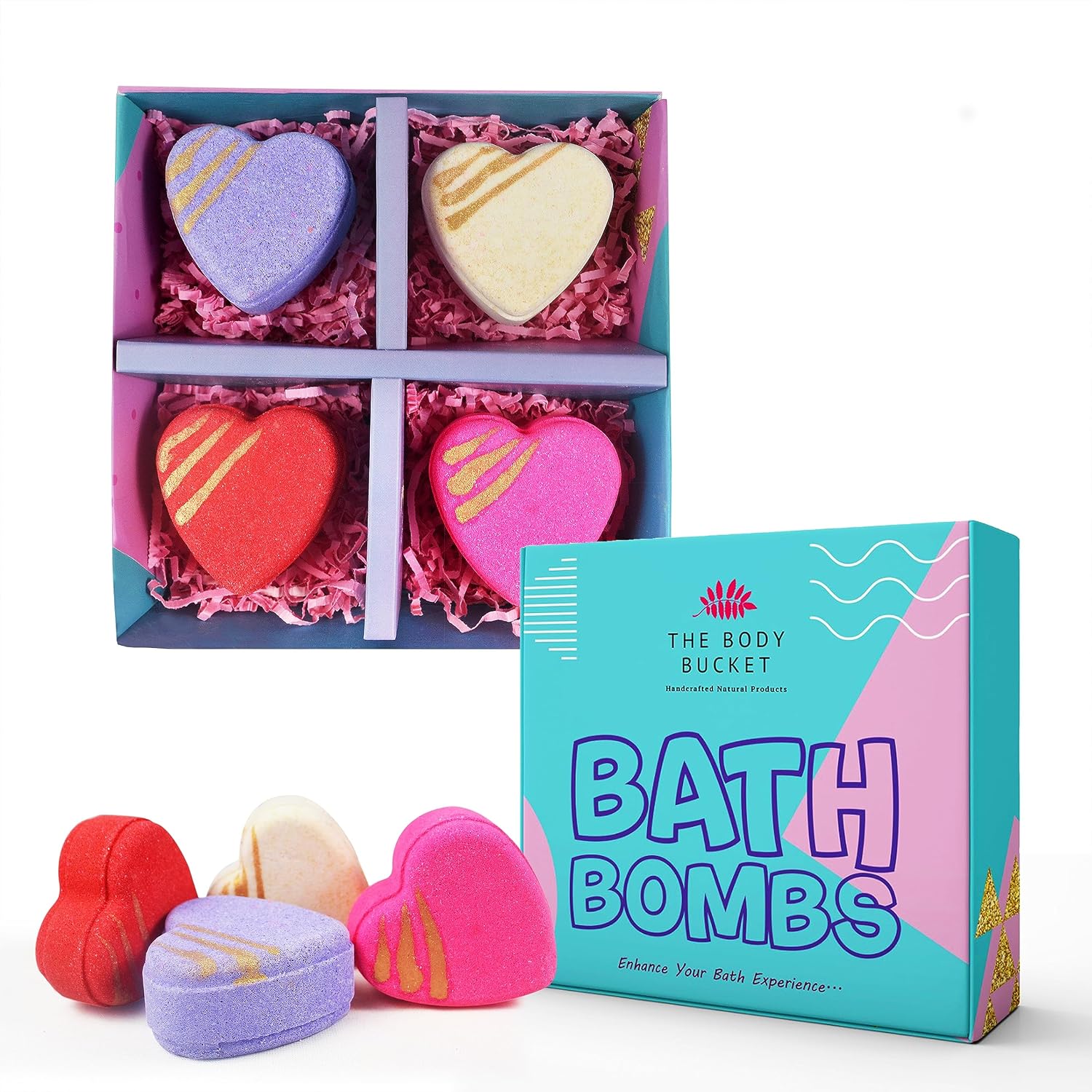 Heart Bath Bombs with Red Rose, Jasmine, Lavender and Lady Love Flavour - All Natural Handcrafted Aromatic Fragrance - Bath Gift for Kids, Men & Women 60 Gm Each (Pack of 4)
