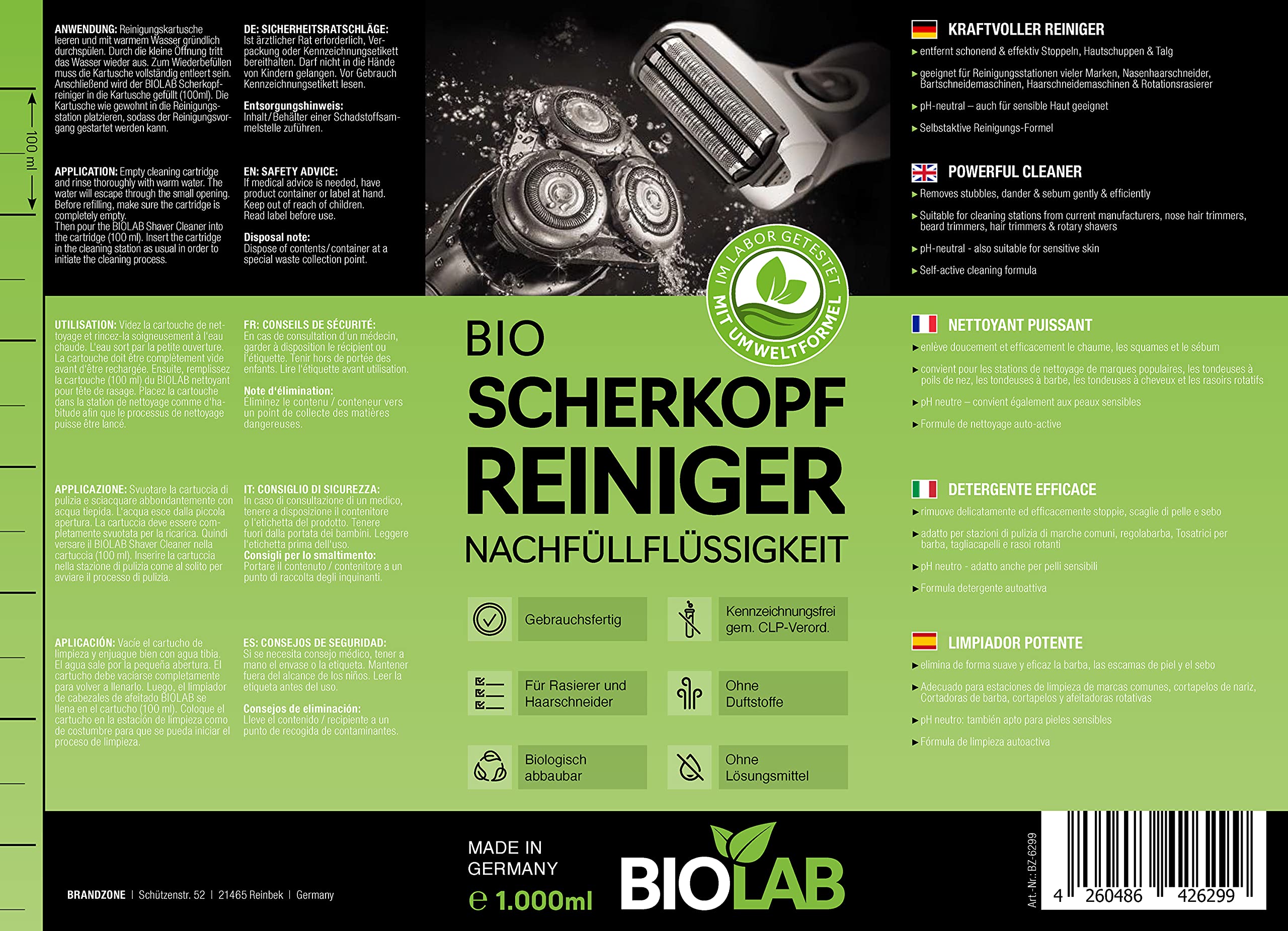 BIOLAB Bio Scherkopfreiniger (2 x 1000 ml) Nachfüllflüssigkeit für Clean & Renew, passend für Braun Series, Philips Scherkopf Reinigungskartusche und Rasierer Reinigungsstation