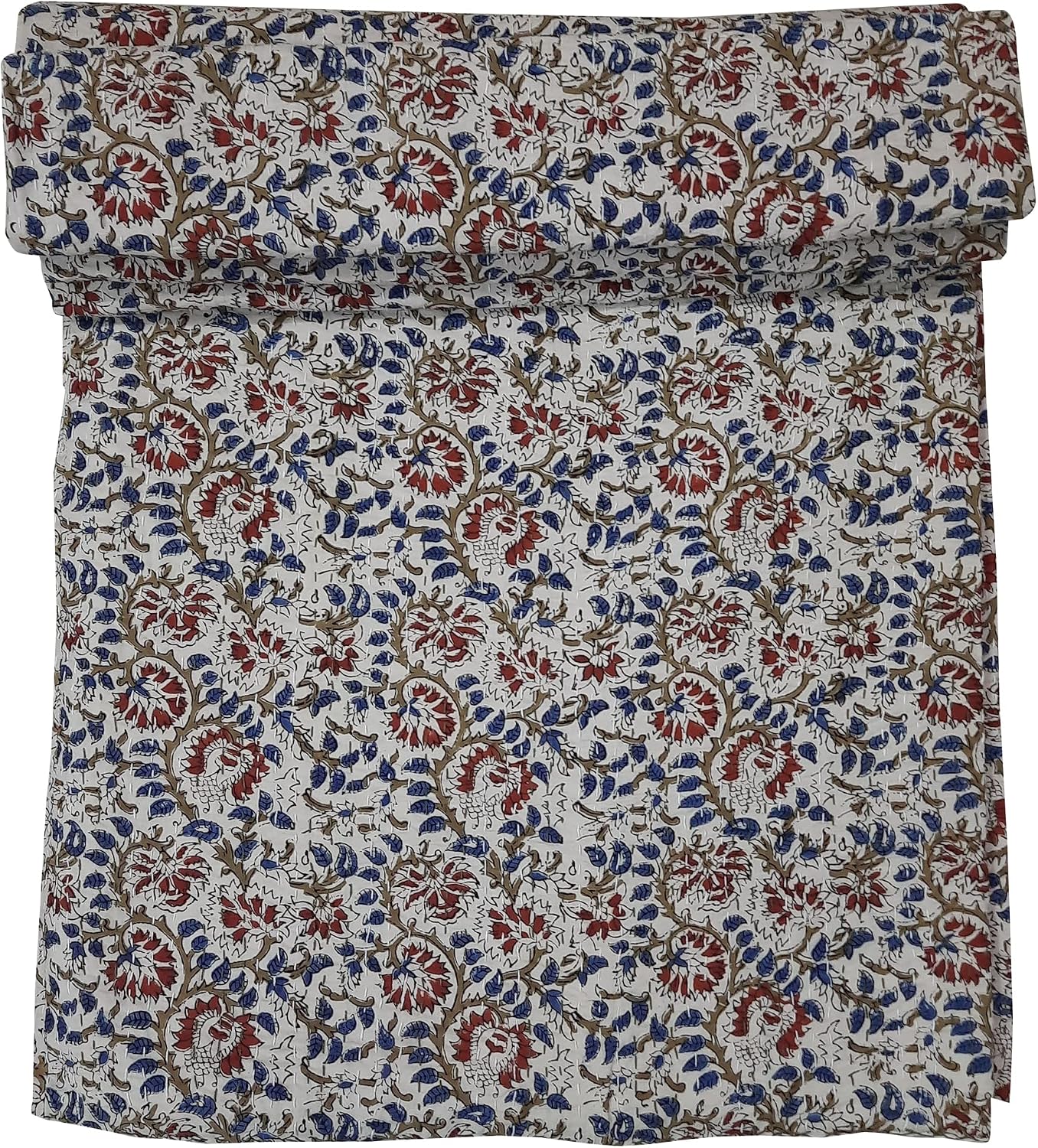 Traditional Floral Print Cotton Quilt, Red and Blue Flower Pattern on White Background, Home Decor Blanket (California King US Size 108x108 Inch)