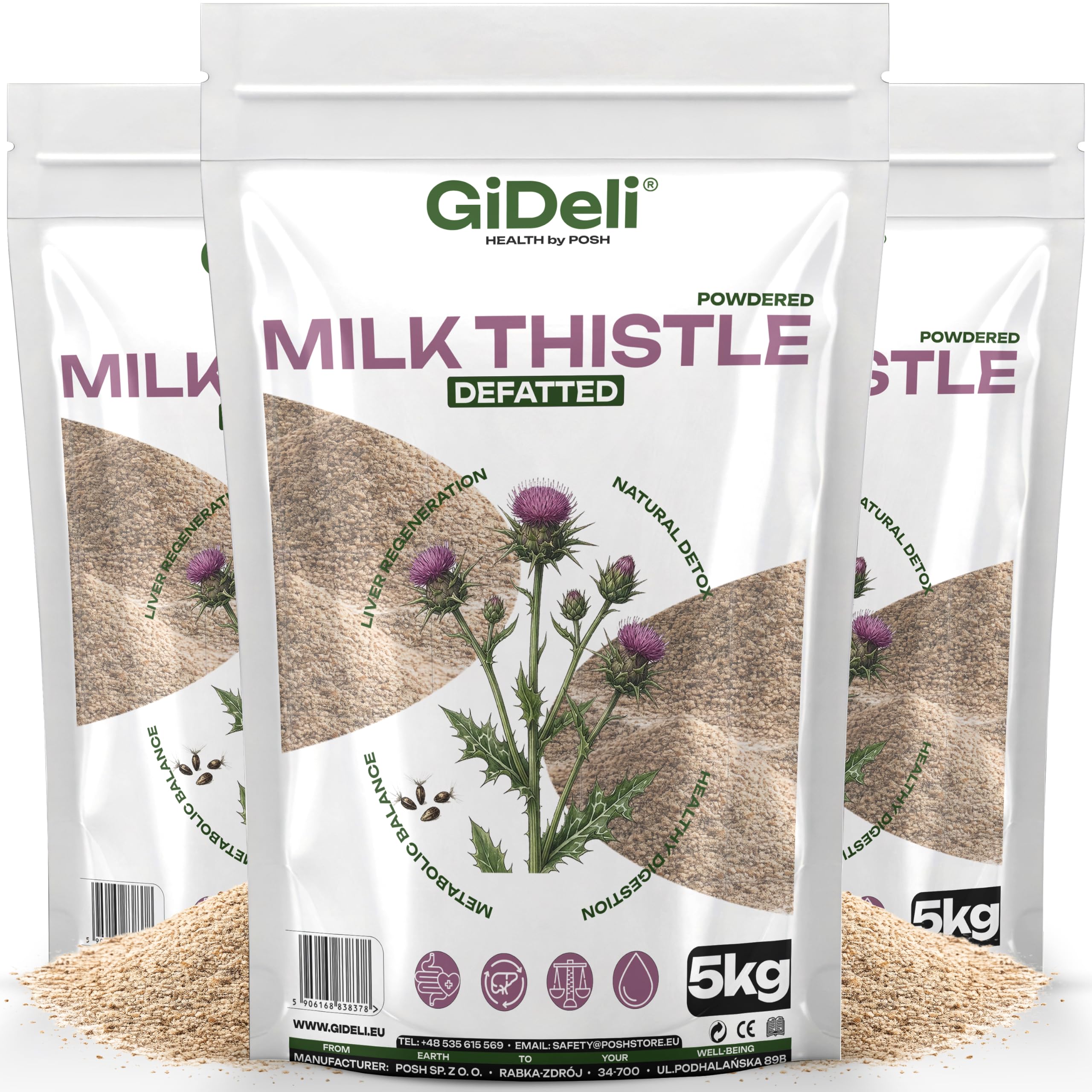 GiDeli Cardo mariano molido 3 x 5 kg – 100% polvo puro sin aditivos para la dieta diaria – Contenido natural de silimarina – Ideal para yogur, cereales, batidos y ensaladas – Origen mediterráneo