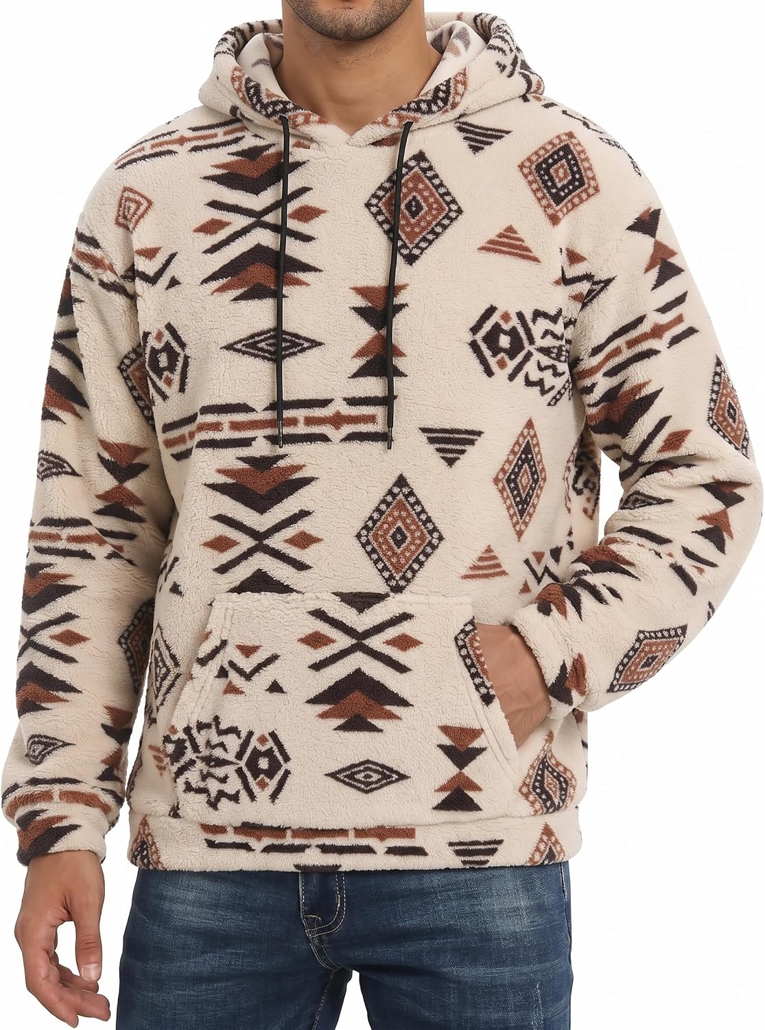 Men's Sherpa Fleece Hoodie, Aztec Geometric Pullover