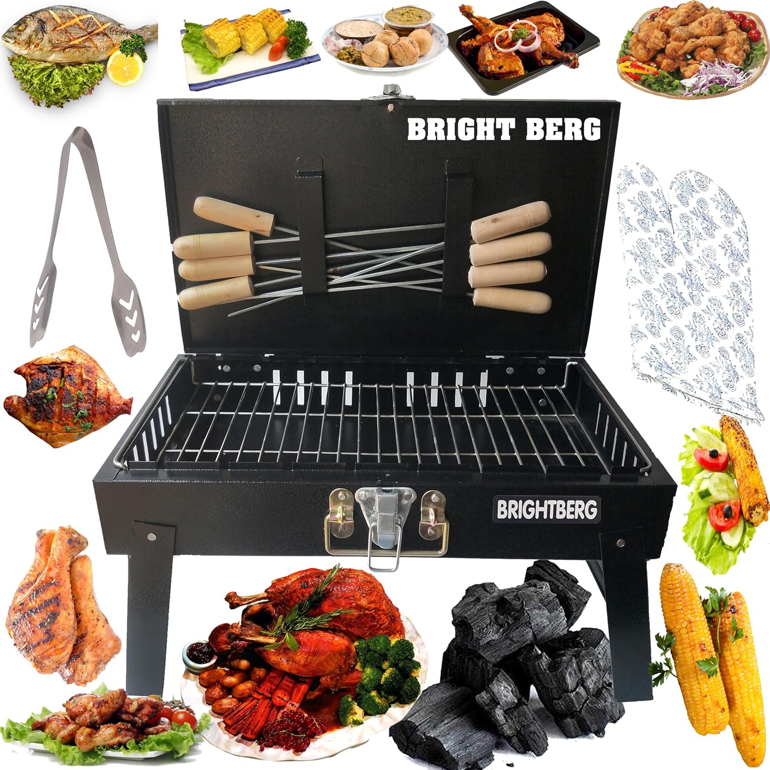 BRIGHTBERG Foldable Charcoal Barbeque Grill Set for Home & Outdoor