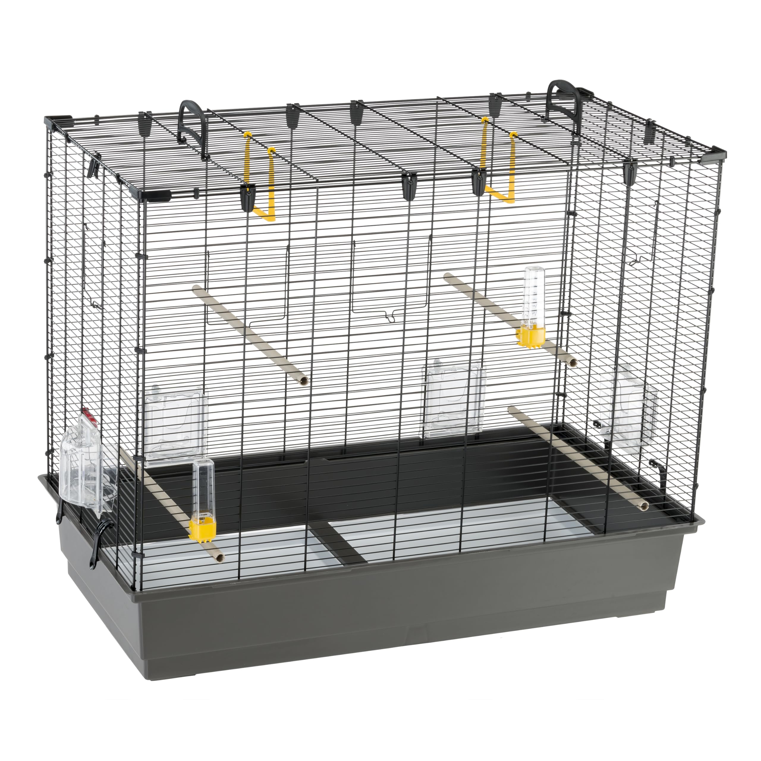 Ferplast Amplia Jaula para Canarios, periquitos y pequeños pájaros exóticos Piano 6, con Accesorios, Percha Modular y comederos giratorios, Pintado Negro y cubeta Marrón, 87 x 46,5 x h 70 cm
