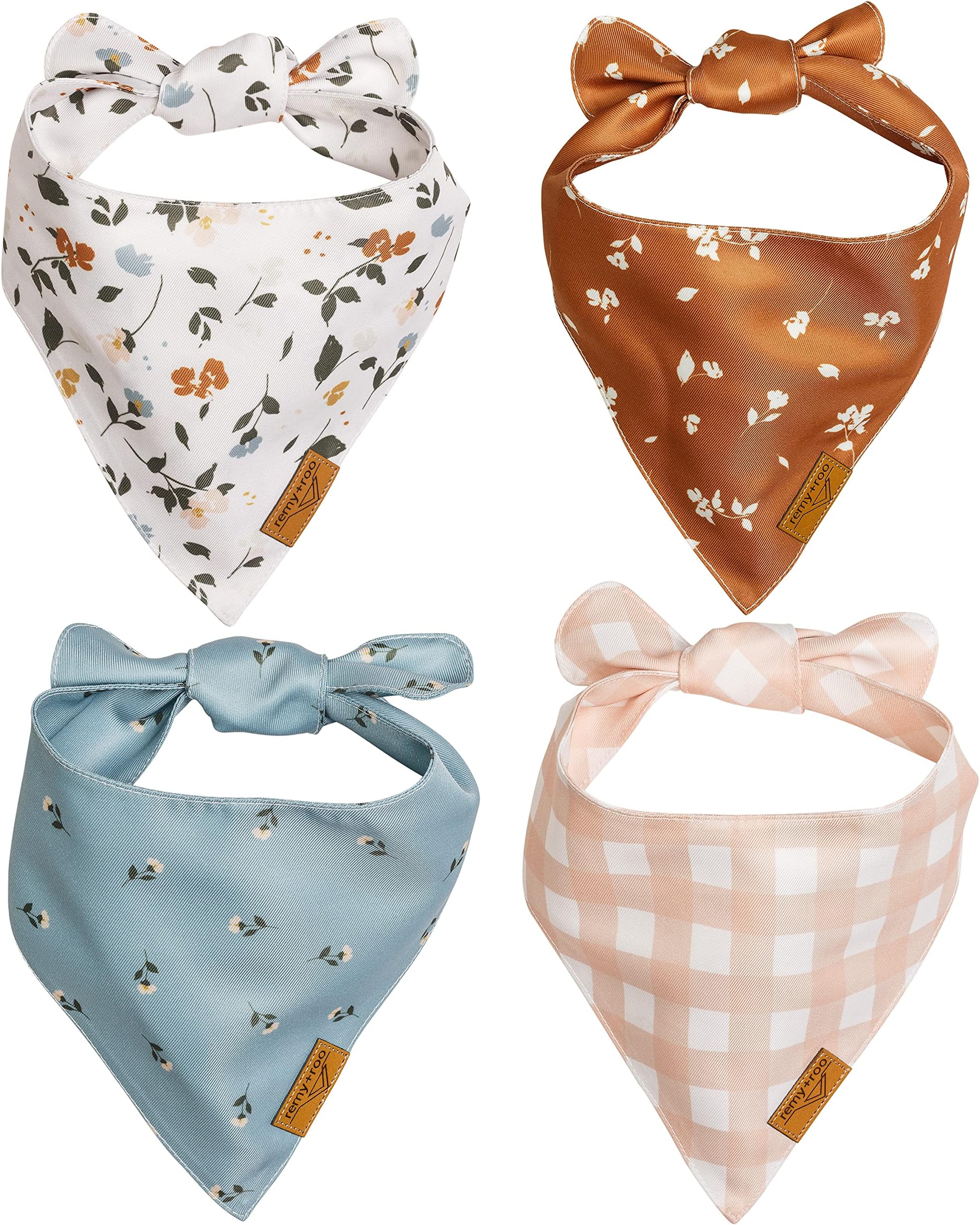 Remy+Roo Small Spring Dog Bandanas - 4 Pack Emily Set | Premium Durable Adjustable Polyester Fabric Dog Scarfs | Patented Shape Girl Dog Bandana, Trendy Patterns, Floral Dog Bandana