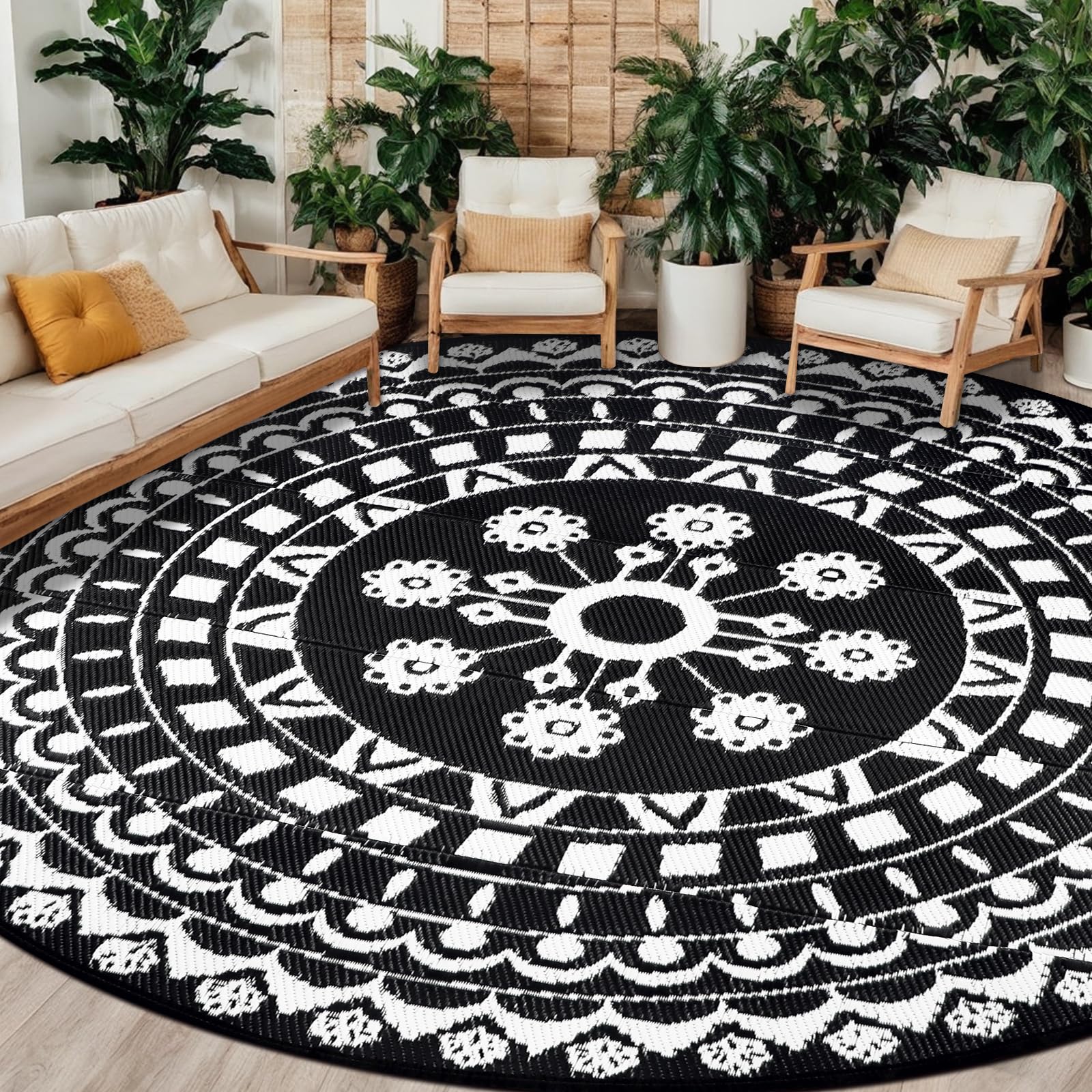 Capslpad Boho Outdoor Rugs Round 300cm Waterproof Outdoor Garden Rug Reversible Picnic Mat Portable UV Resistant Plastic Straw Rug Indoor Outdoor Round Area Rug for Tent,RV,Balcony,Deck Decor, Black