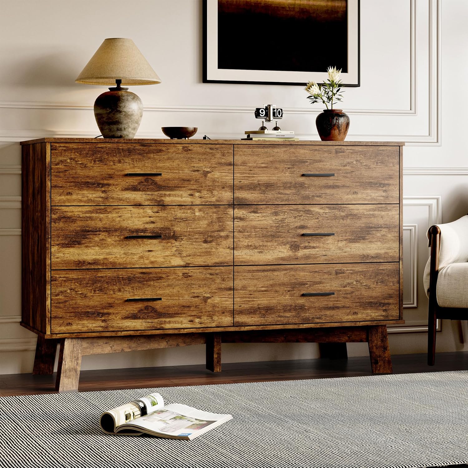 Dresser for Bedroom with 6-Drawer, 47.3" Modern Chest of Drawers with Metal Handles, X-Shape Base & Adjustable Center Leg, Anti-Tip Closet Organizers and Storage - Image 7