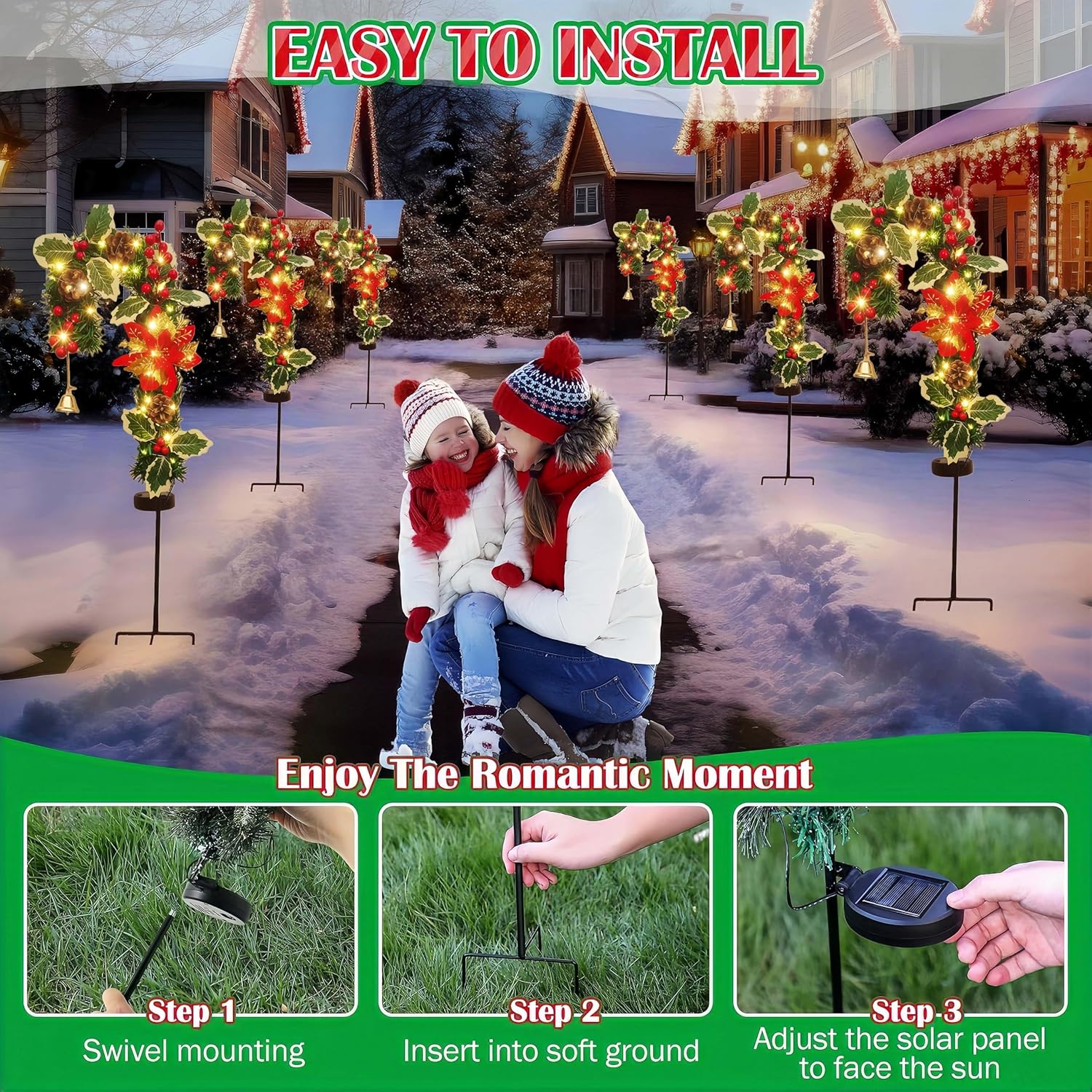 Solar Candy Cane Pathway Lights Outdoor, 2 Pack Solar Christmas Stakes with Poinsettia, Pinecones & Holly, Waterproof LED Yard Decorations, Solar Garden Lights for Walkway, Driveway & Holiday Decor