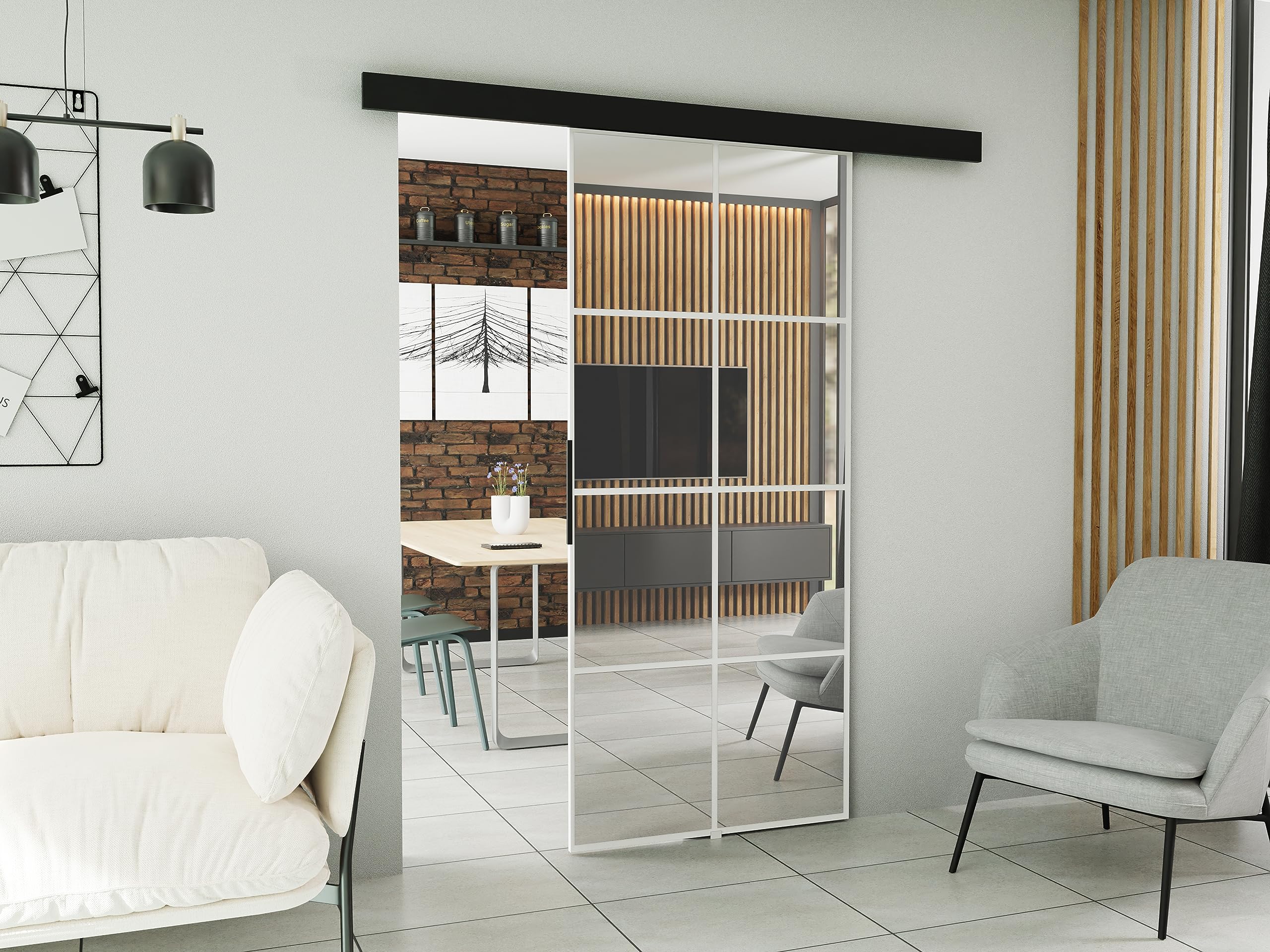 KIER FURNITURE Schiebetür Komplettset - SOFI - Tür mit Laufschiene - Schiebetürsystem - Raumspartür - Innentüren - Schiebetür - Weiß 86 x 205 x 1,6 cm