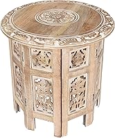 TheWoodenTown Handcrafted Mango Wood Round End Table - 18" White Washed Accent Side Table, Solid Wood Carved Altar Table