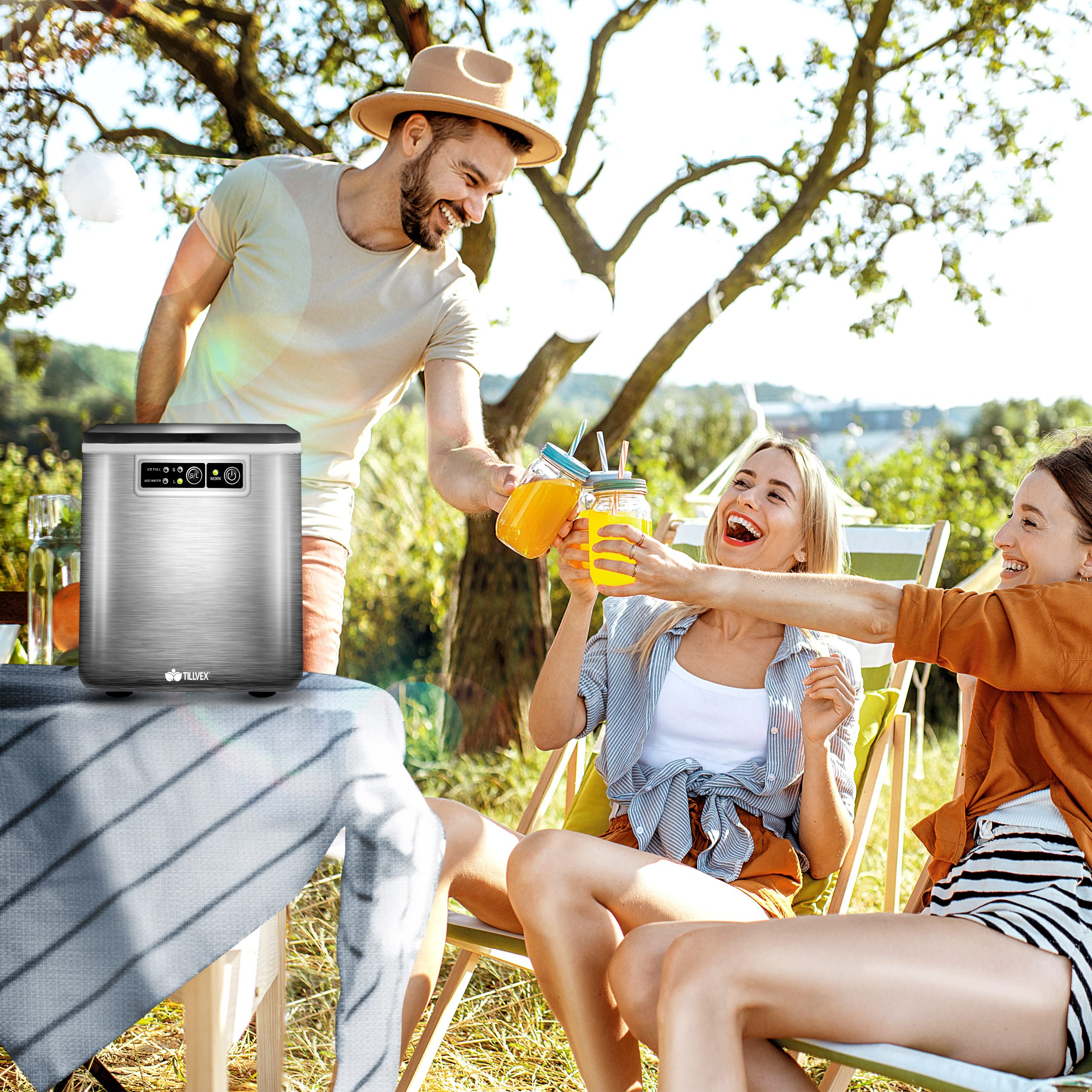 tillvex Macchina per Ghiaccio 12 kg - 24 h | da Casa in Acciaio Inossidabile | Professionale | 2,2 L Serbatoio d'Acqua | Display LED, Autopulizia | 2 Misure di Cubetti