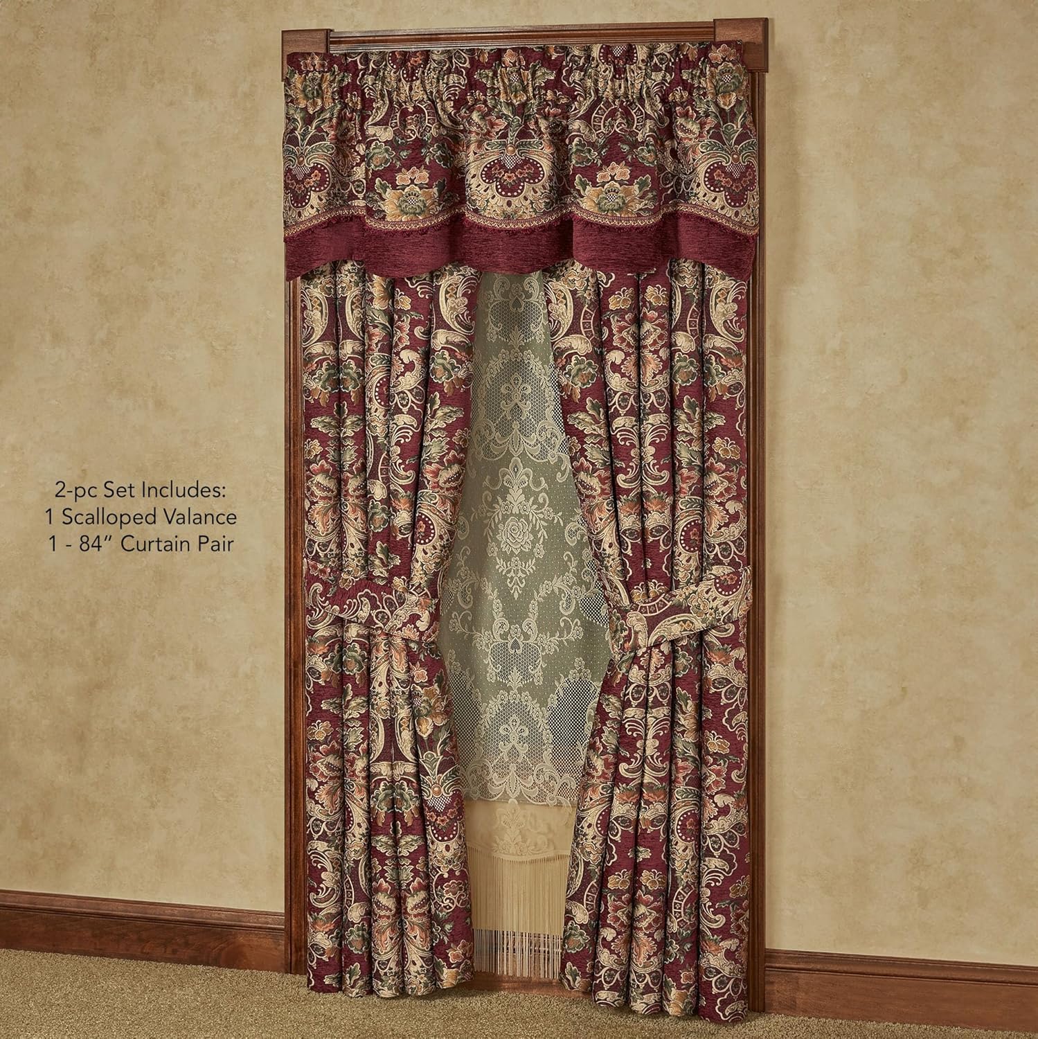 Tosca Chateau Traditional Luxury Window Treatment | Warm, Soft Burgundy Red Chenille | Colorful Woven Classic Jacobean Florals | Lined Window Drapery Set Includes Scalloped Valance & 84L Curtain Pair