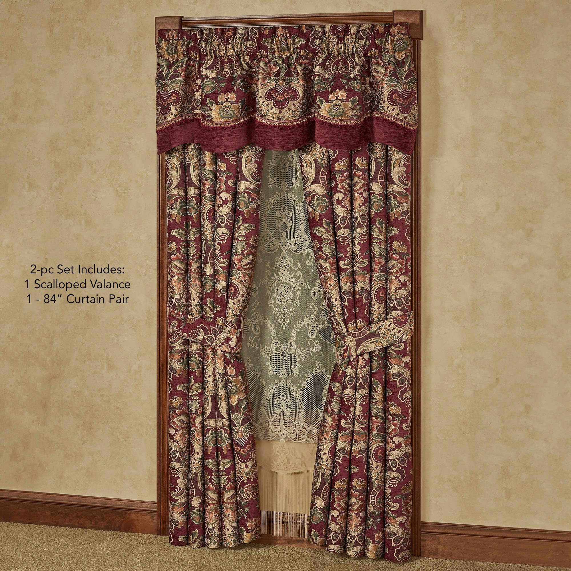 Tosca Chateau Traditional Luxury Window Treatment | Warm, Soft Burgundy Red Chenille | Colorful Woven Classic Jacobean Florals | Lined Window Drapery Set Includes Scalloped Valance & 84L Curtain Pair