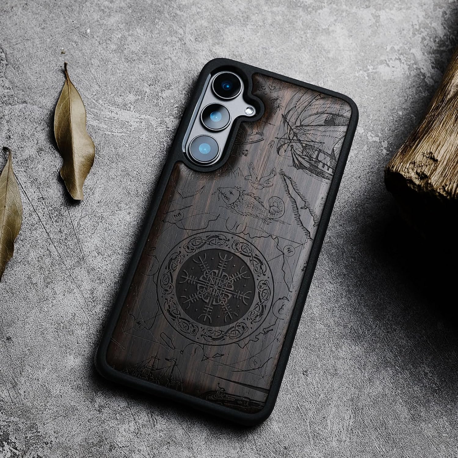 Carveit Wood Case for Galaxy S24 Plus Case [Natural Wood & Black Soft TPU] Shockproof Protective Cover Unique Wooden Design Compatible with S24 Plus (Viking Shield-Blackwood)