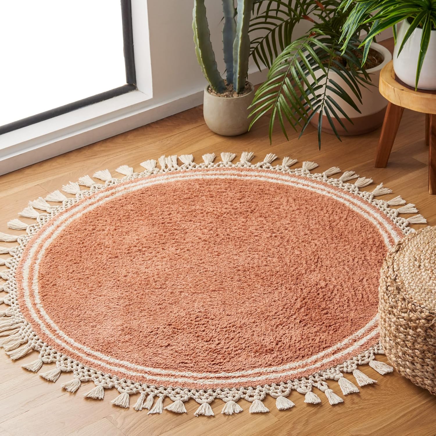 SAFAVIEH Washable Rug Easy Care Collection - 3' Round, Teal & Ivory, Handmade Cotton, Easy to Clean, Ideal for Foyer, Entryway, Kitchen, Bedroom (ECR201J)