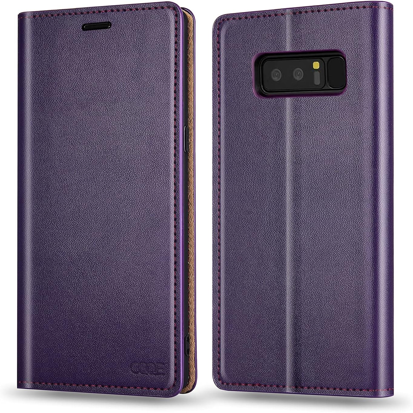 OQQE for Samsung Galaxy Note 8 Wallet Case，Cowhide Genuine Leather Folio Flip Cover Shell Anti-fall Shockproof TPU [RFID Blocking] Credit Card Holder [Kickstand Function] Folding Business Women,Purple