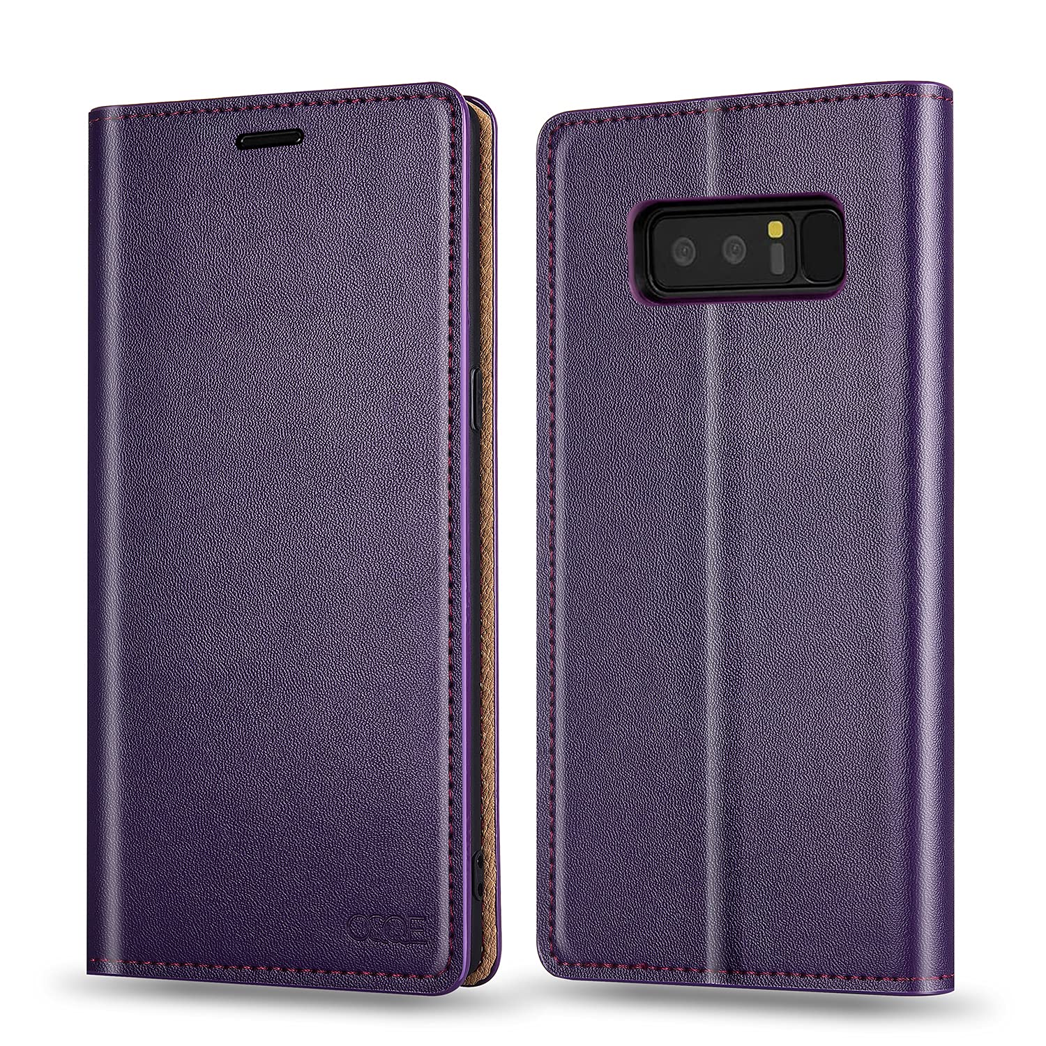 OQQE for Samsung Galaxy Note 8 Wallet Case，Cowhide Genuine Leather Folio Flip Cover Shell Anti-fall Shockproof TPU [RFID Blocking] Credit Card Holder [Kickstand Function] Folding Business Women,Purple