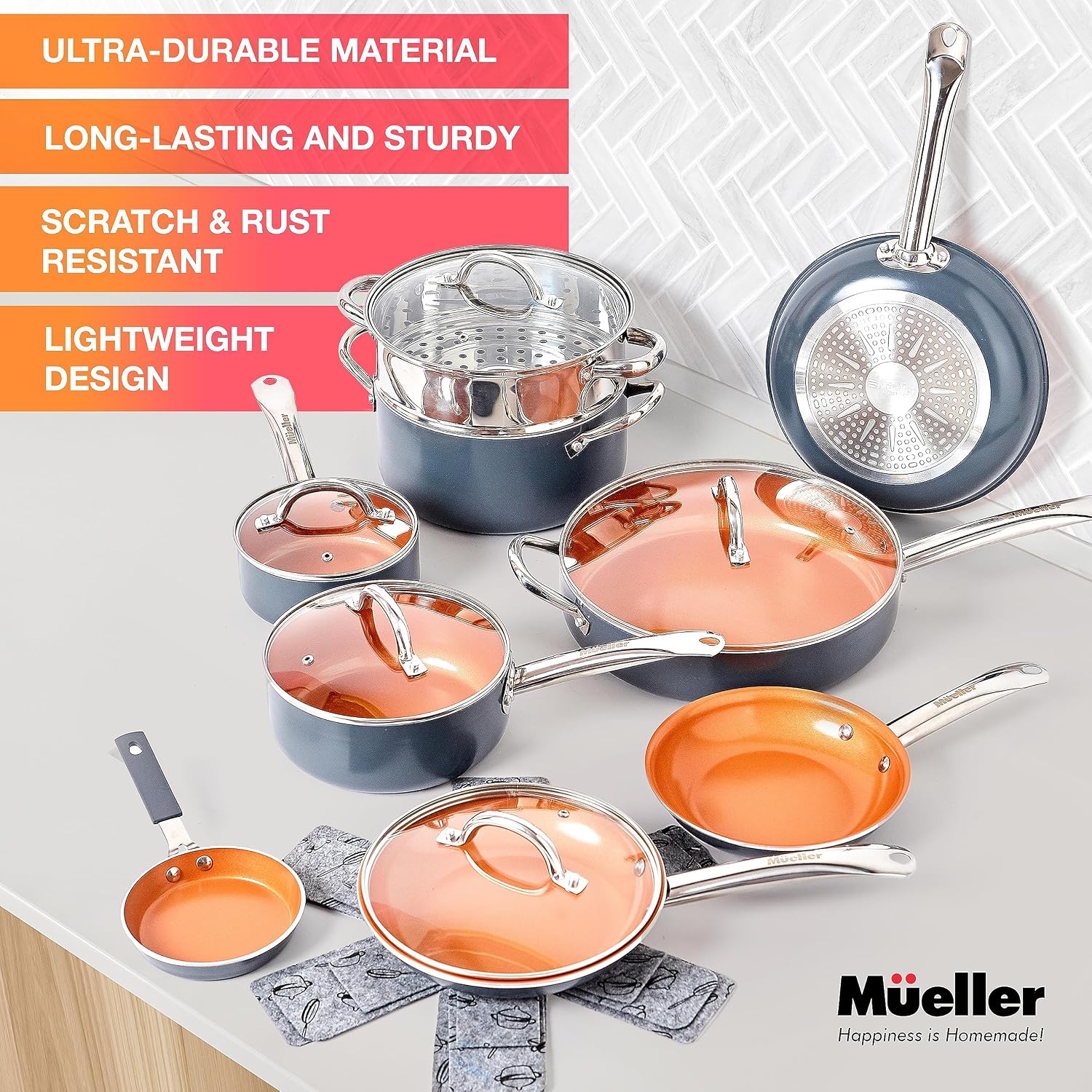 Mueller 14-Piece Copper Pots and Pans Set, Non-Stick Cookware with Aluminum Body, Includes Fry Pans, Deep Frying Pan, Sauce Pans, Dutch Oven and More