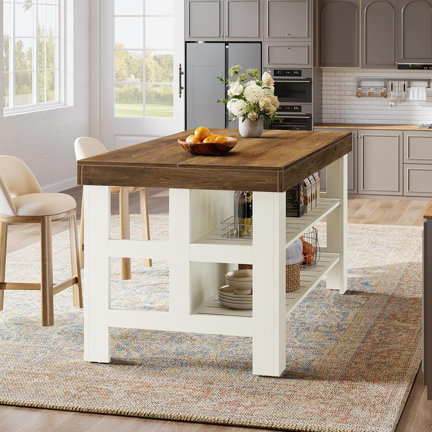 Tribesigns Kitchen Island with Storage and Seating, Farmhouse Large Stationary Wood Island Table for Kitchen Dining Room (White and Brown)