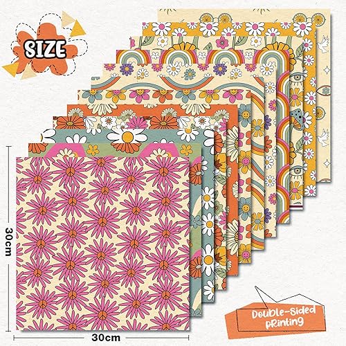 Miniatura 2 de AnyDesign - 24 piezas de papel de patrón floral de 11.8 x 11.8 pulgadas, papel retro bohemio de margaritas de los años 70, papel decorativo de doble