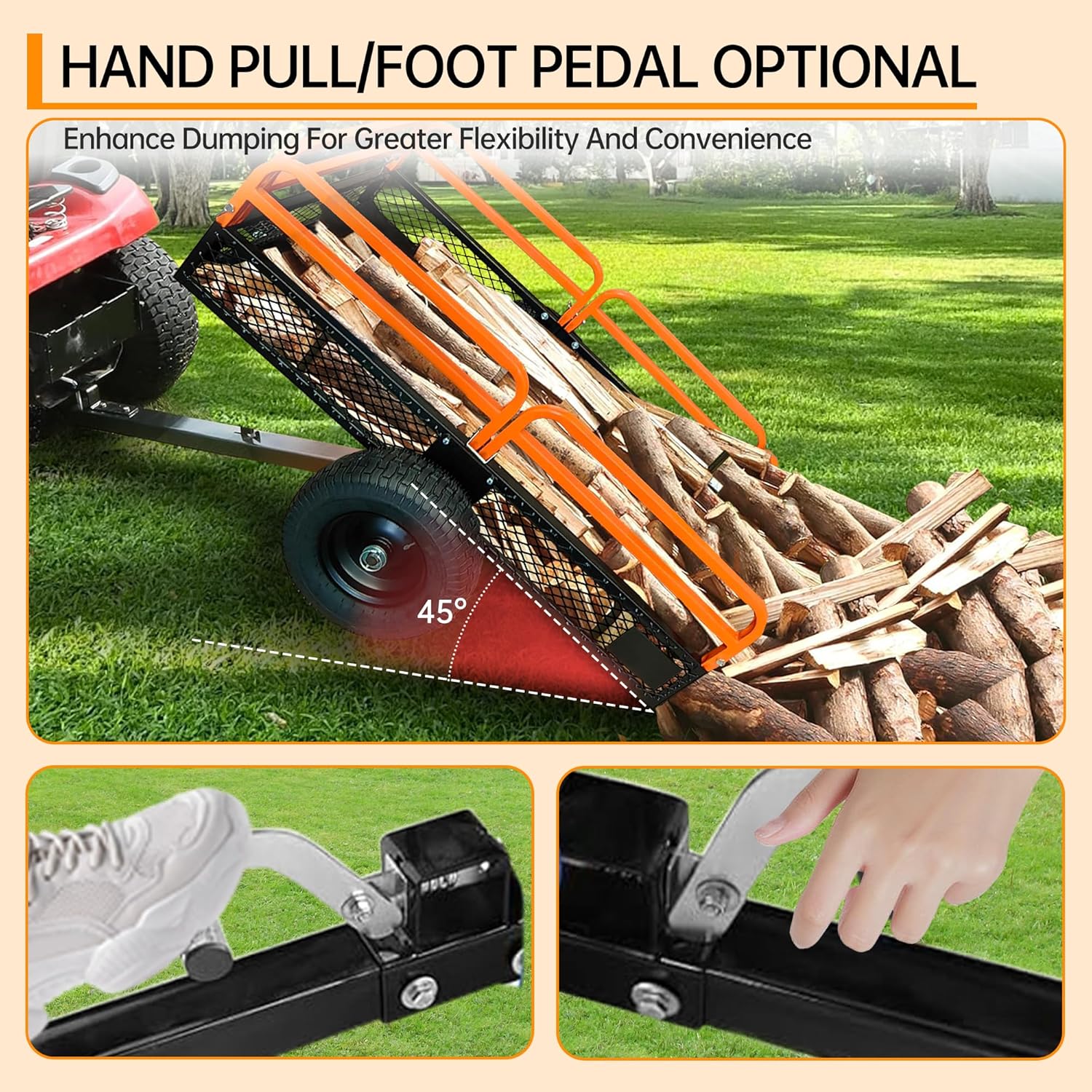 Heavy Duty ATV Dump Cart, 1500 Lbs HD Agricultural Trailer with Removable Sides, 15 Cubic Feet Garden Utility for Tractor Lawn Mower Garden