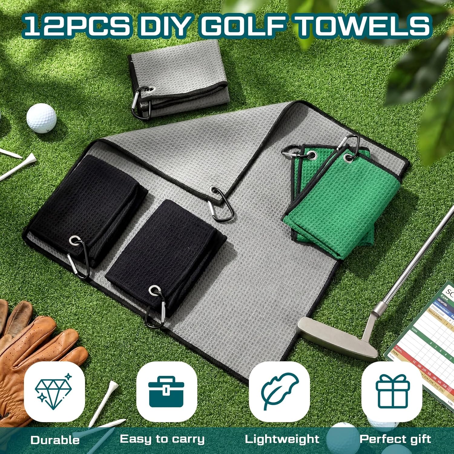 Batiyeer Golf Towel Bulk for Golf Bags 16'' x 16'' Microfiber Fabric Towel with Clip Waffle Pattern, Fitness, Camping, Hiking, Yoga