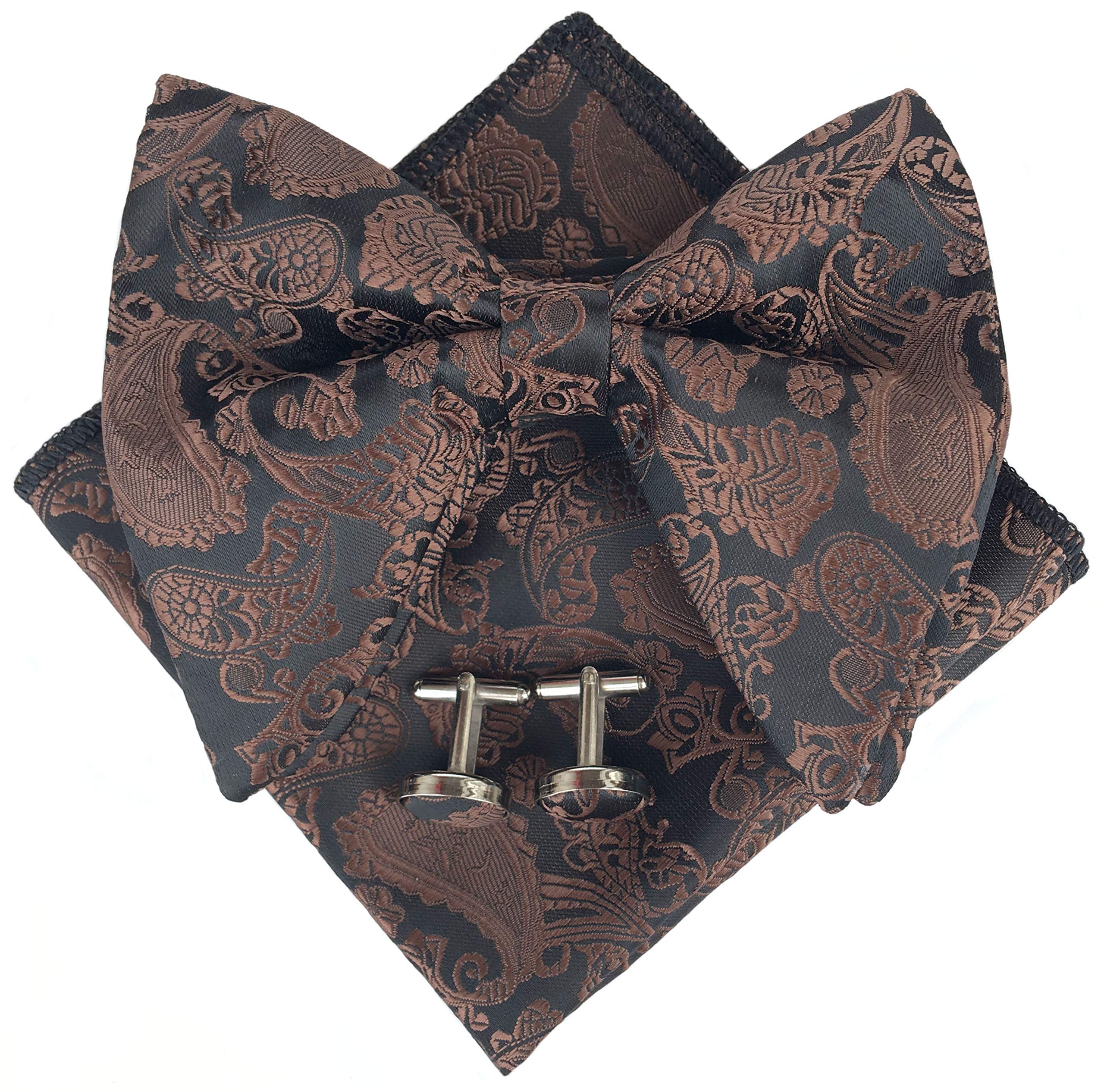 Justar Mens Pre-Tied Paisley Bowtie Oversized Tuxedo Bow Tie Hankie Cufflinks Set (Coffee)