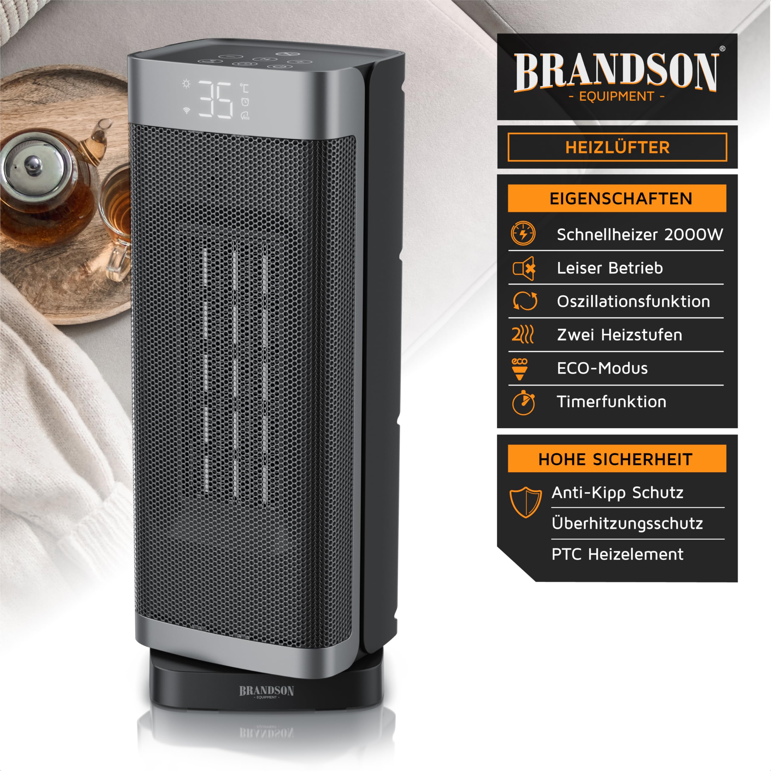 Brandson - Calentador de ventilador de ahorro de energía silencioso - oscilación - con control remoto - ganador - Modo ecológico - 2 modos - temporizador - calefacción de cerámica - baño sala de estar