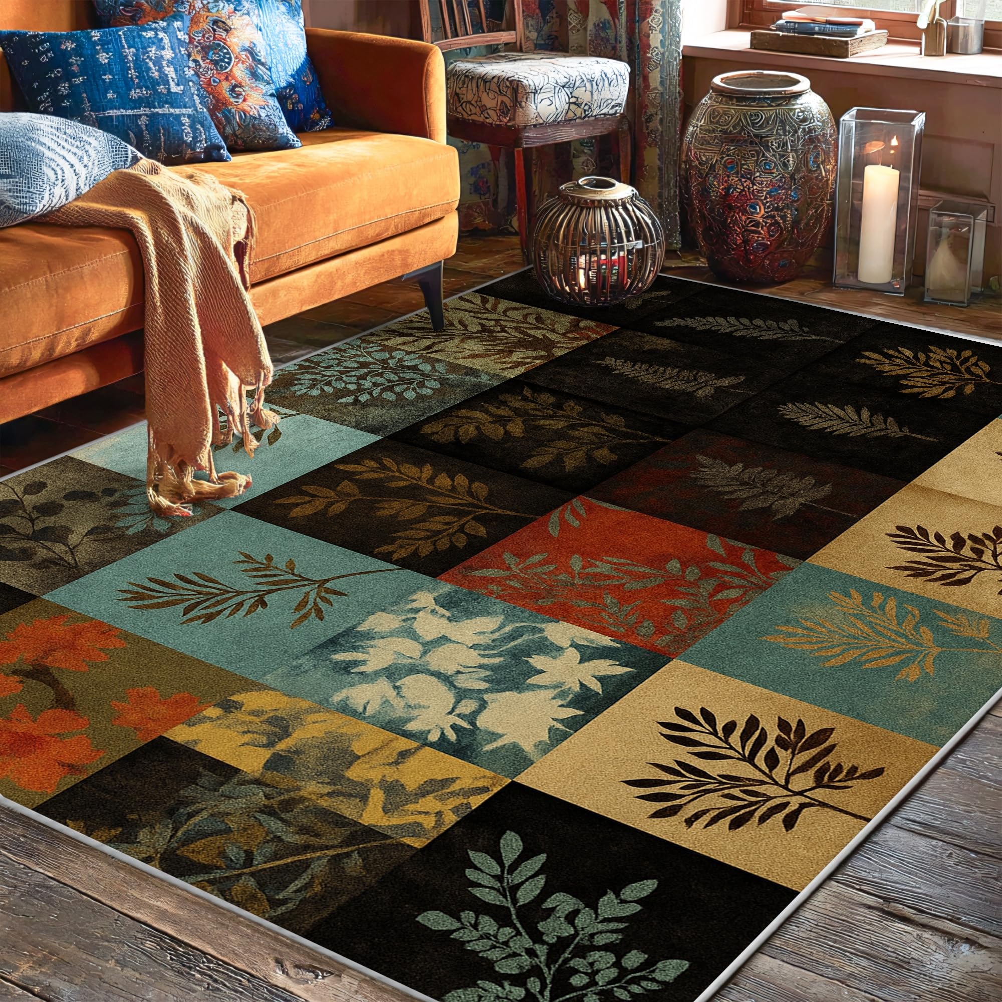 Tapis de fougère doux à poils ras et facile à nettoyer marron