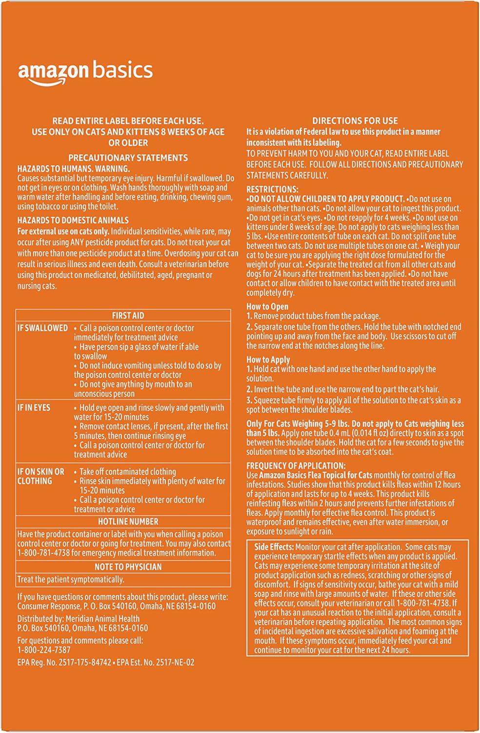  Basics Flea Topical for Medium Cats (5-9 pounds), 6 Ct : Pet Supplies