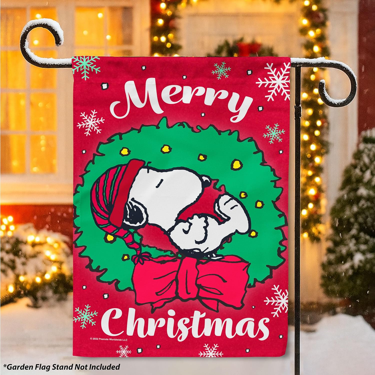Flagology, PEANUTS Snoopy Merry Christmas Wreath - Garden Flag 12" x 18", Outdoor Flag, Exclusive Premium Fabric, Officially Licensed, Christmas