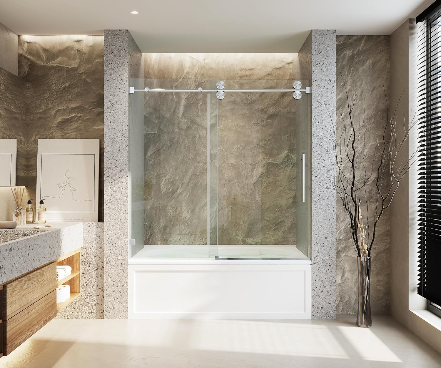 Frameless Bathtub Shower Door, 56"-60" Wide, 66" High, 3/8" (10mm) Clear Tempered Glass, Noiseless, Waterproof Bathroom Shower Door, Brushed Nickel Finish