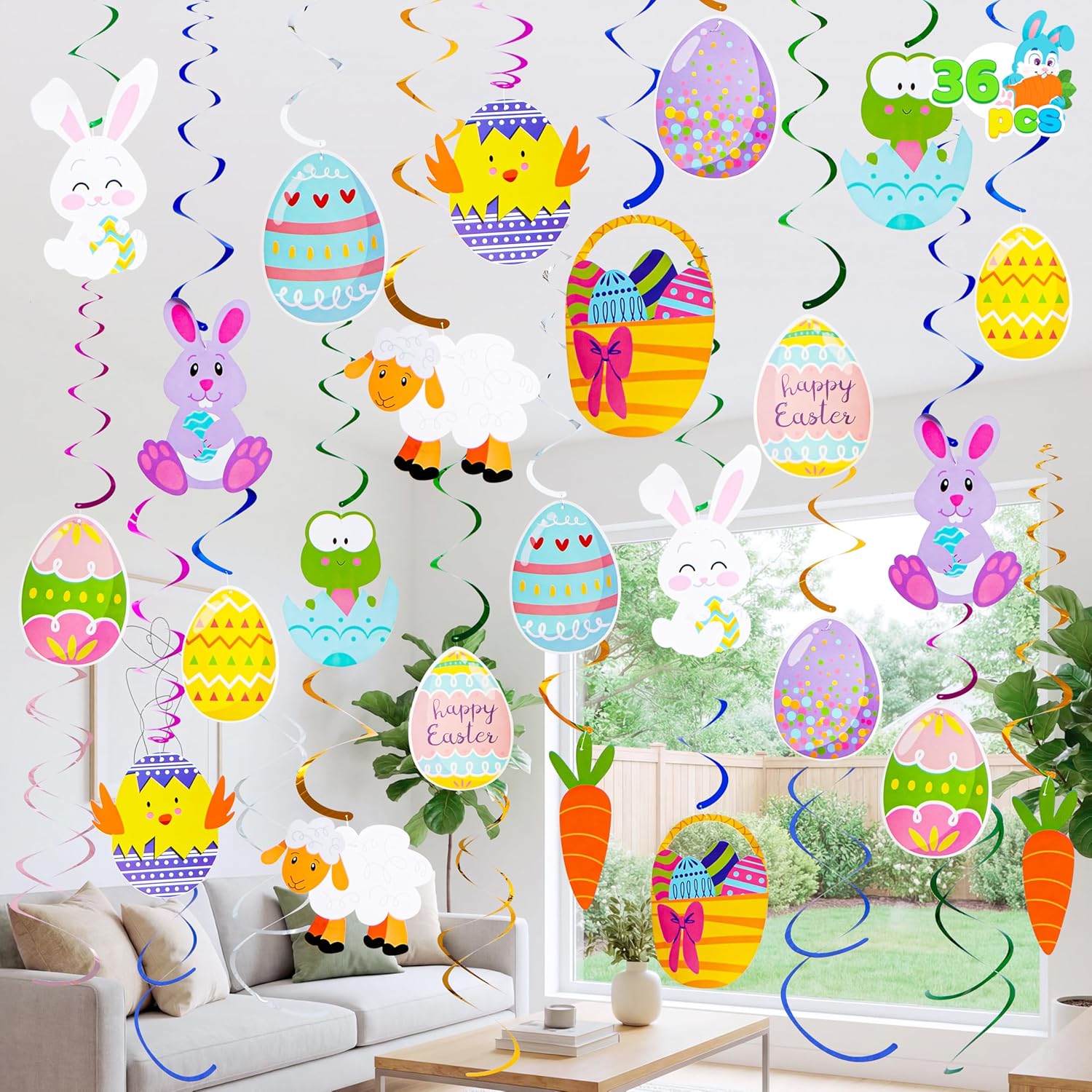 JOYIN 36 PCS Easter Swirl Decor Egg Bunny Foil Party Hanging Decoration Huge Value Kit for Easter Themed Party Home Office Supplies