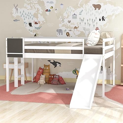 Miniatura 1 de Cama alta matrimonial con tobogán para niños, cama baja de madera con escalera y pizarra, marco de cama tipo loft para sala de estar, dormitorio,