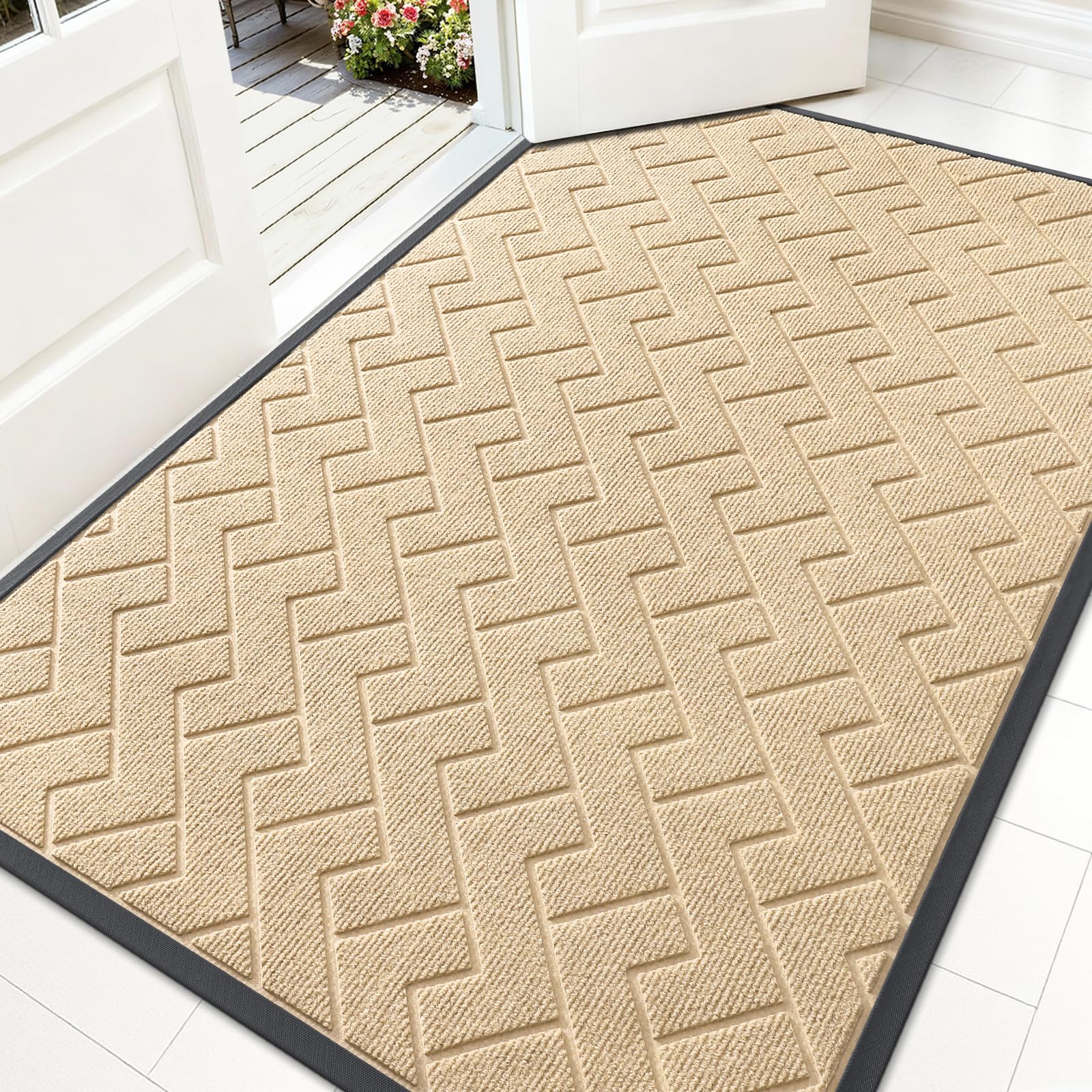 OLANLY Front Door Mat Outside 59x34, All-Season Absorbent Rubber Doormat | Beige, Heavy-Duty, Stain and Fade Resistant, Waterproof Non-Slip Backing, Low-Profile Indoor Outdoor Floor Mat for Entryway