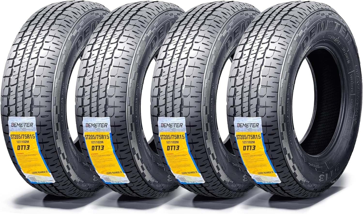 DEMETER Set 4 Radial Trailer Tires 205/75R15,Heavy Duty ST 205/75R15, 8 Ply Load Range D All Season Traction